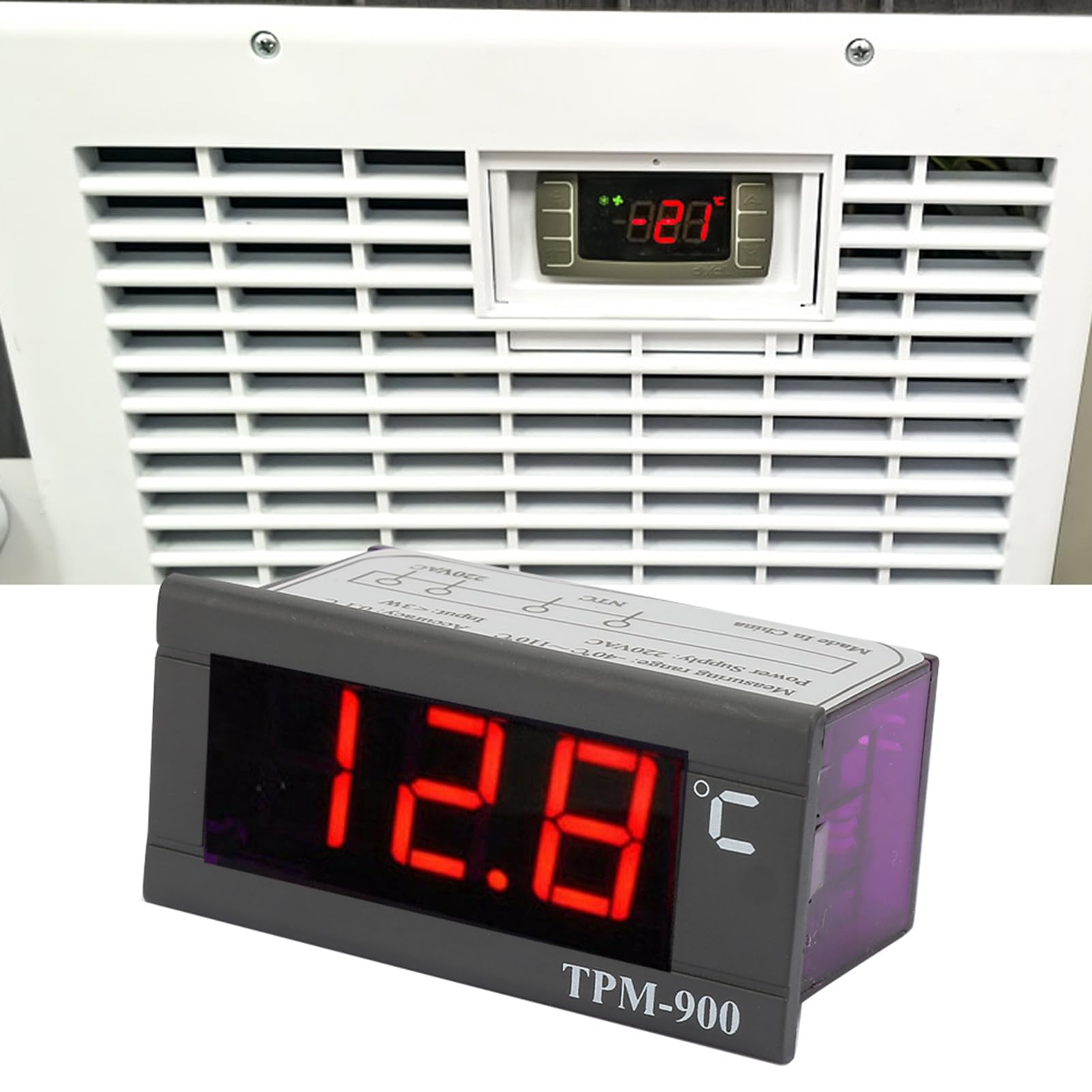 TPM-900 Contrôleur de Température Numérique 220VAC 3W, -40℃~110℃, Contrôleur de Thermostat de Capteur, avec Indicateur de Panneau LED et Insérez Panneau, Refroidissement et Chauffage,Précision ±0.1℃
