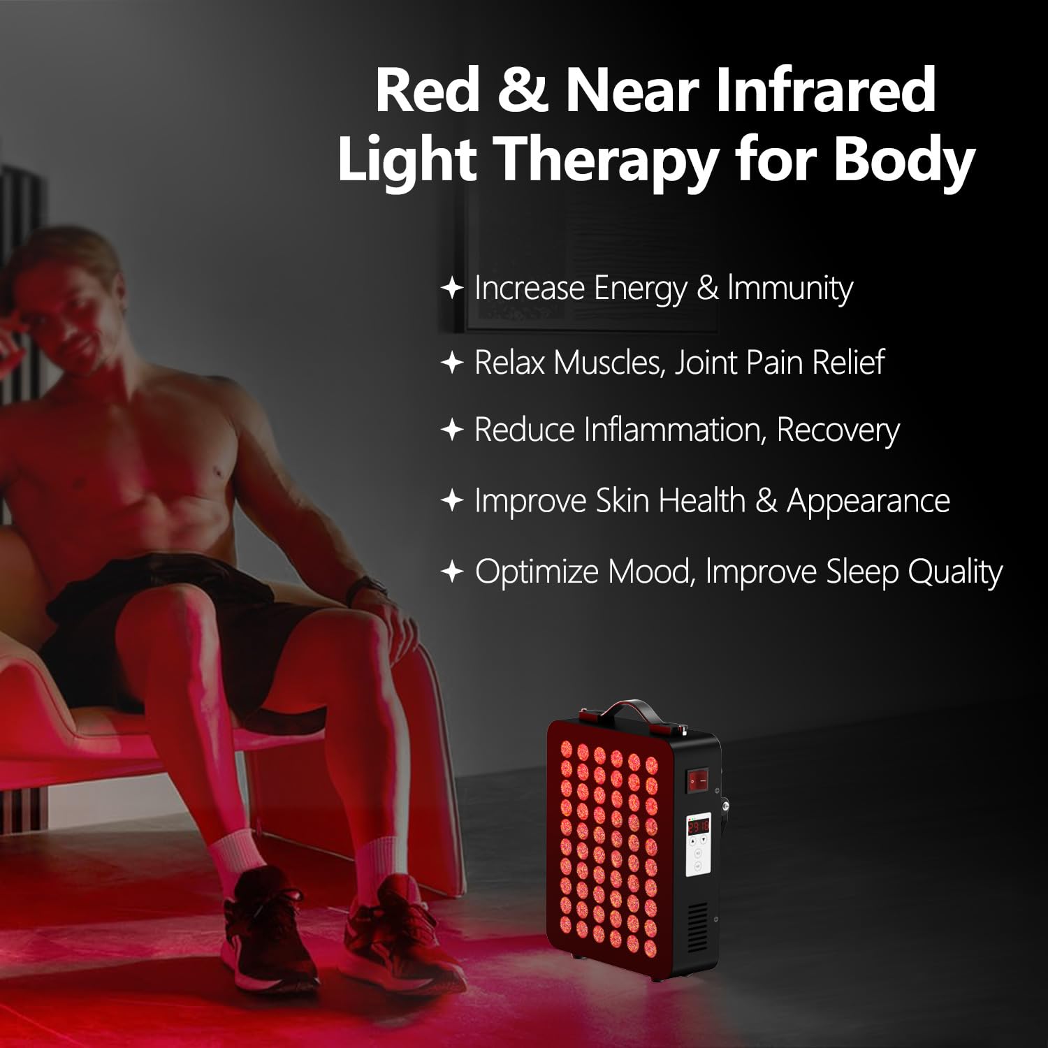 Dispositivo de terapia de luz roja para el cuerpo, de doble chip 660nm＆850nm, grado clínico 60 LEDs con temporizador, el cuerpo, la cara, la relajación, la mejora del sueño, alivio del dolor(300W)