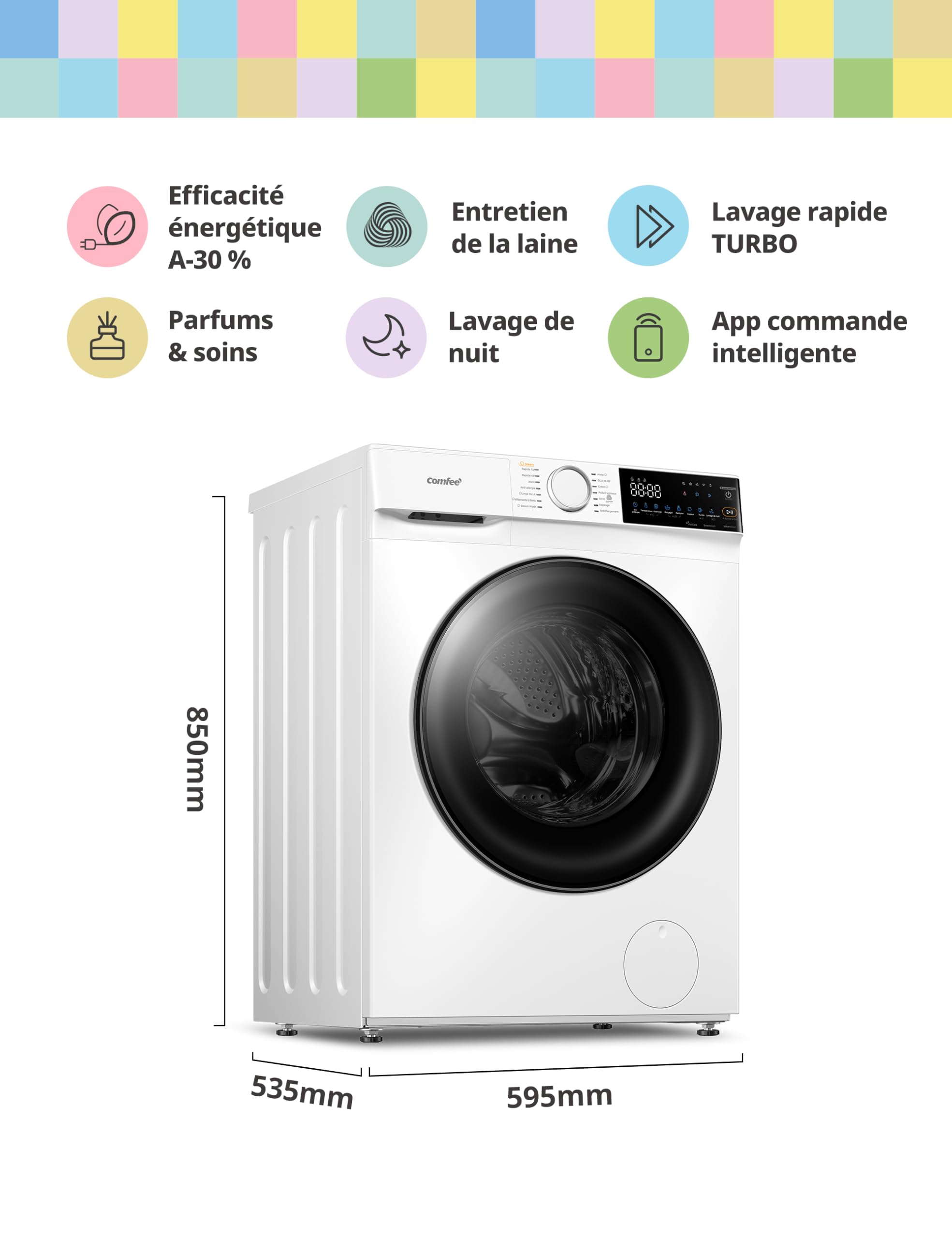 COMFEE' Lave Linge 10kg Classe énergétique A-30% 14 programmes Lavage intelligent contrôlable à distance Élimination des poils d'animaux Parfum+ Blanc
