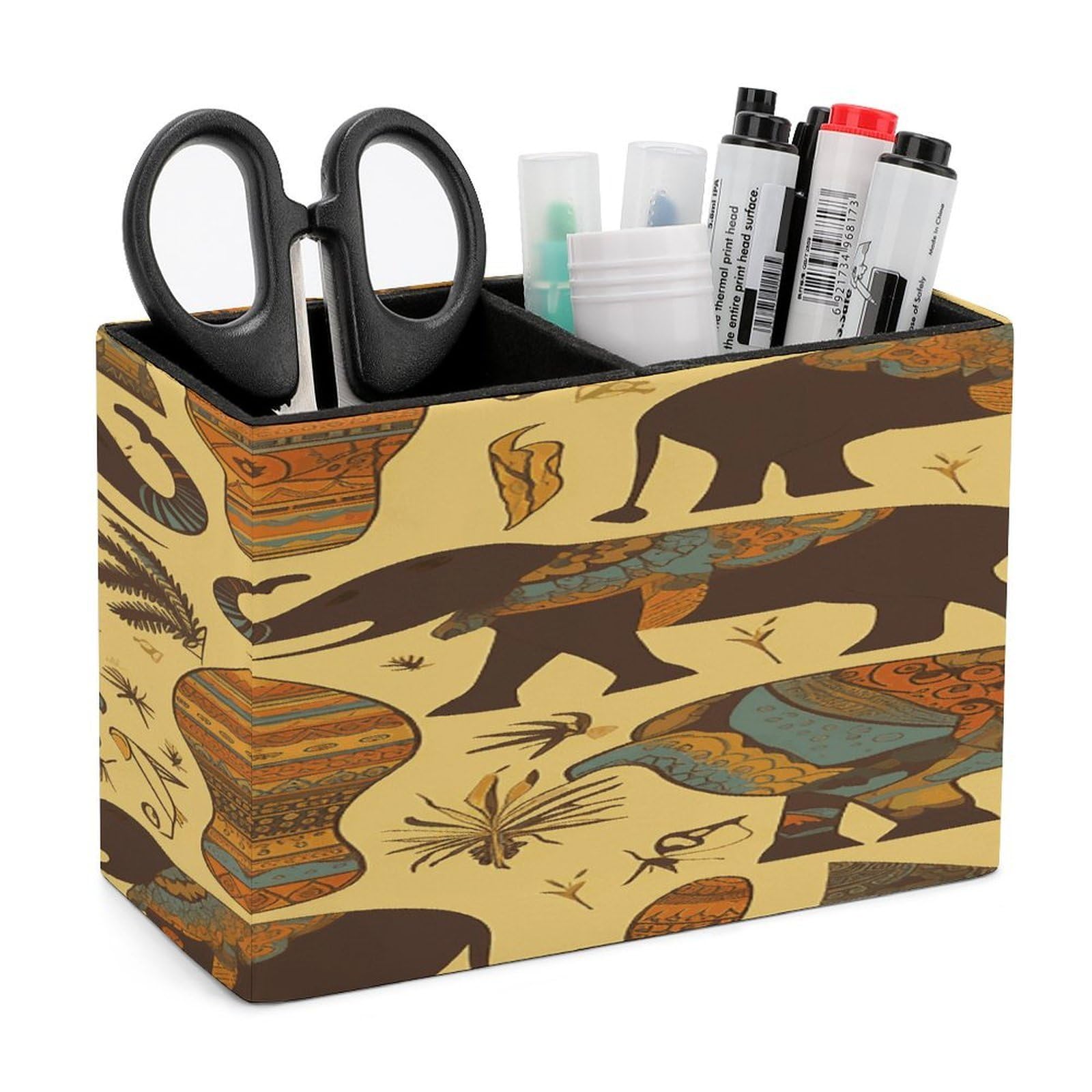 VstaDank Africa Elephant Pencil Holder for Desk(Double Slots) Fashion Leather Pencil Cup Simple Rectangular Shape Pen Holder Multi-Functional Pen Cup for Home Office Supplies Storage