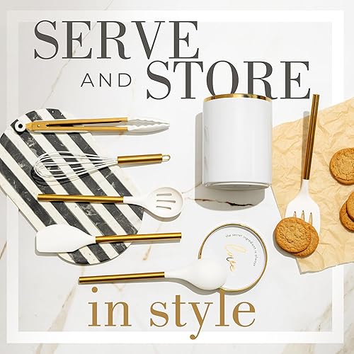 Miniatura 4 de Juego de 8 piezas de utensilios de cocina blancos y dorados Juego de utensilios de cocina de silicona blanca, soporte para utensilios de cerámica y