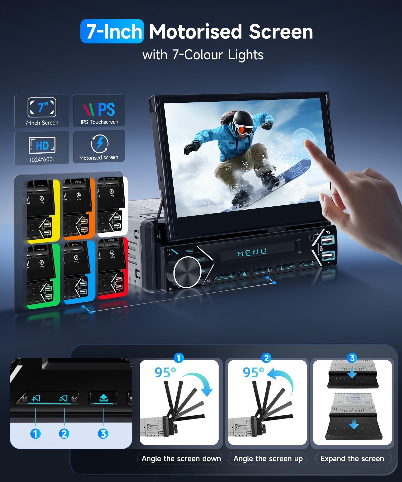 VECHTEL Autoradio 1 Din Carplay Android Auto sans Fil avec écran rétractable motorisé de 7 Pouces,Radio Bluetooth 5.1 Navi/GPS,Miroir Link FM 2 USB/AUX/Type-C avec caméra de recul,Commandes au Volant