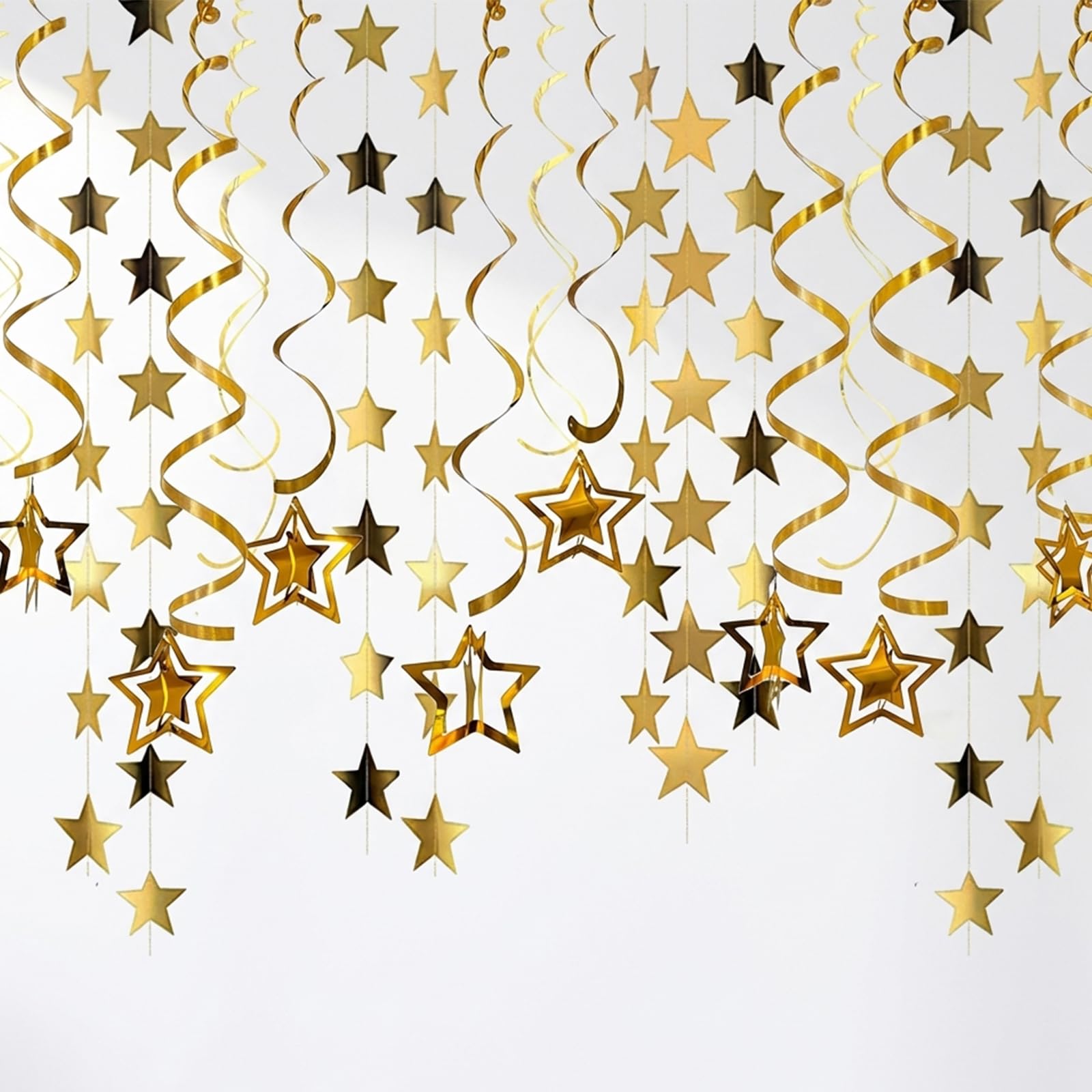 Party Decorations Star Garland - 20PCS Mirror Gold Spiral Hanging Stars with 4M Shiny Tinsel for Birthday Wedding Ceiling Decorations