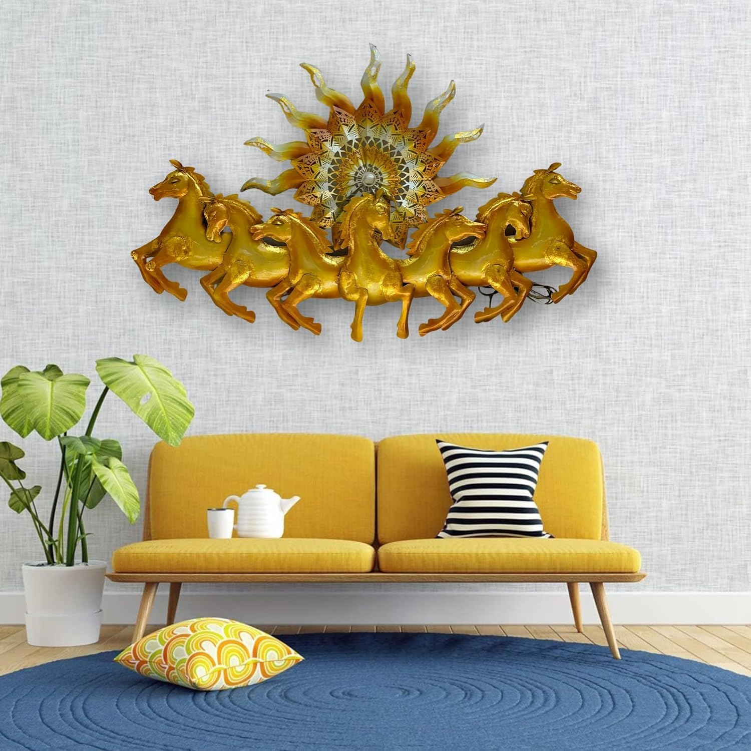 ZXC Decorative Wall Art, Golden Running 7 Horses with Sunburst