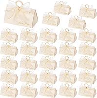 Vista 6 de Yopay 30 Pack Wedding Favor Boxes, Small Gift Boxes for Guest with Handle, White Elegant Chocolate Treat Candy Boxes with Gold Trimmed Ribbons