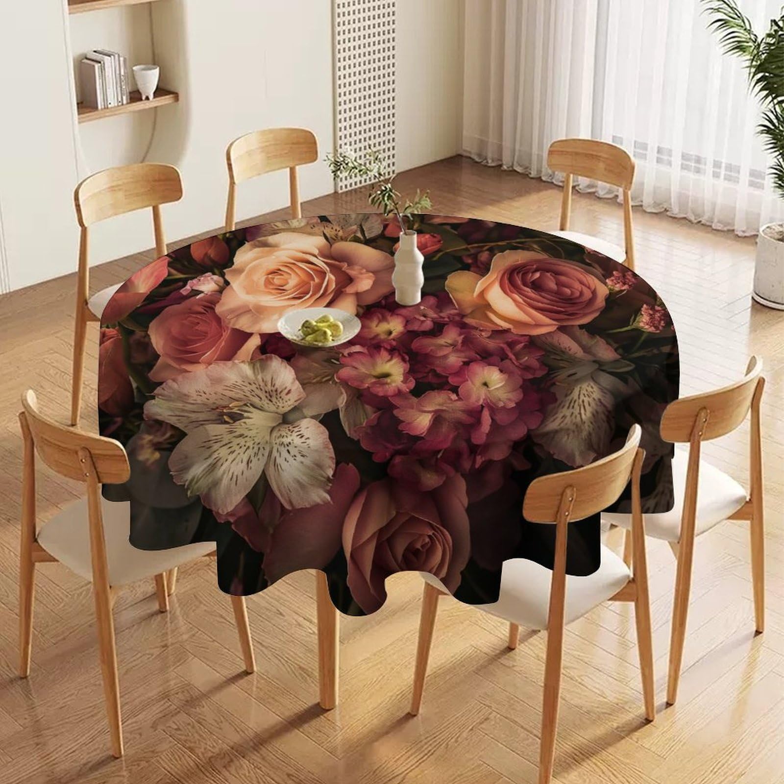 ORDOBO 3D Printed Tablecloth - Pink Flowers Round Tablecloth Wipeable For Kitchen Dinner Picnic Party Home Fashion Print Table Cover Decoration 152X152Cm