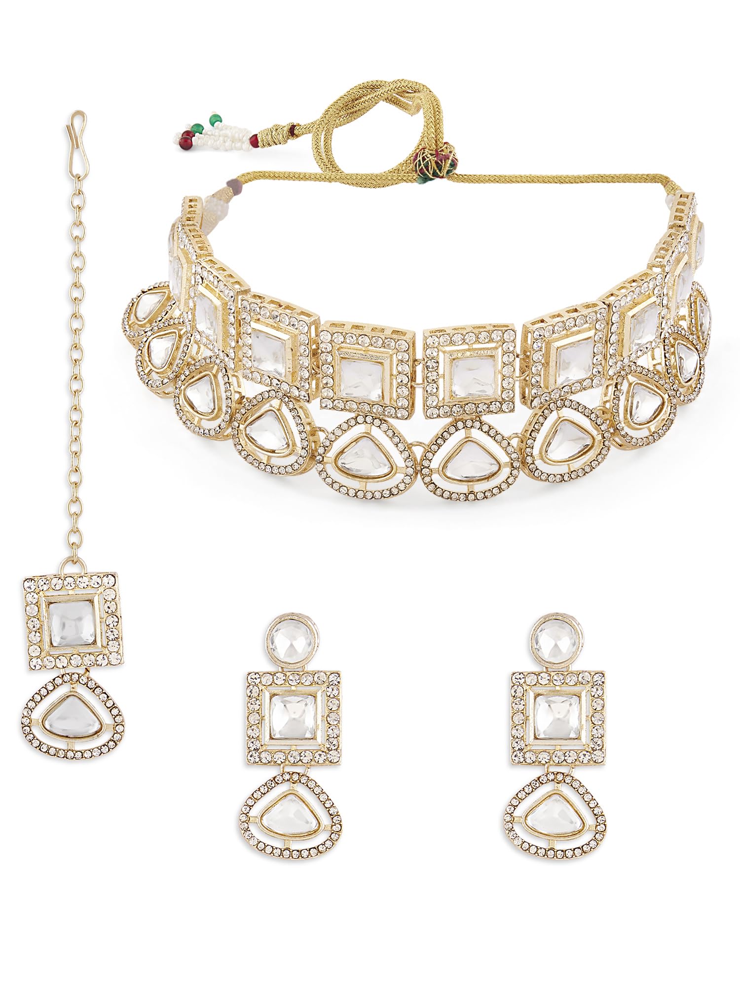 ZAVERI PEARLSGold Tone Austrian Diamonds Artificial Stones Bridal Choker Necklace Earring & Maangtikka Set For Women-ZPFK17074, One Size, Metal, Austrian Diamonds & Artificial Stones