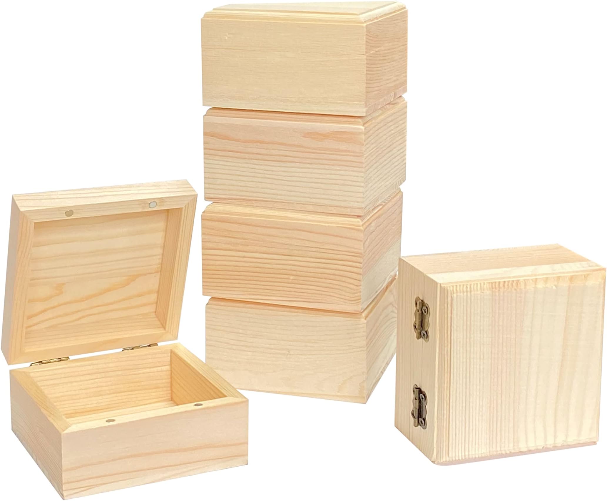 6 Pack Unfinished Wood Box Crafts Wooden Square Box with Magnetic Hinged Lid (3.5 x 3.5 x 1.9 In)