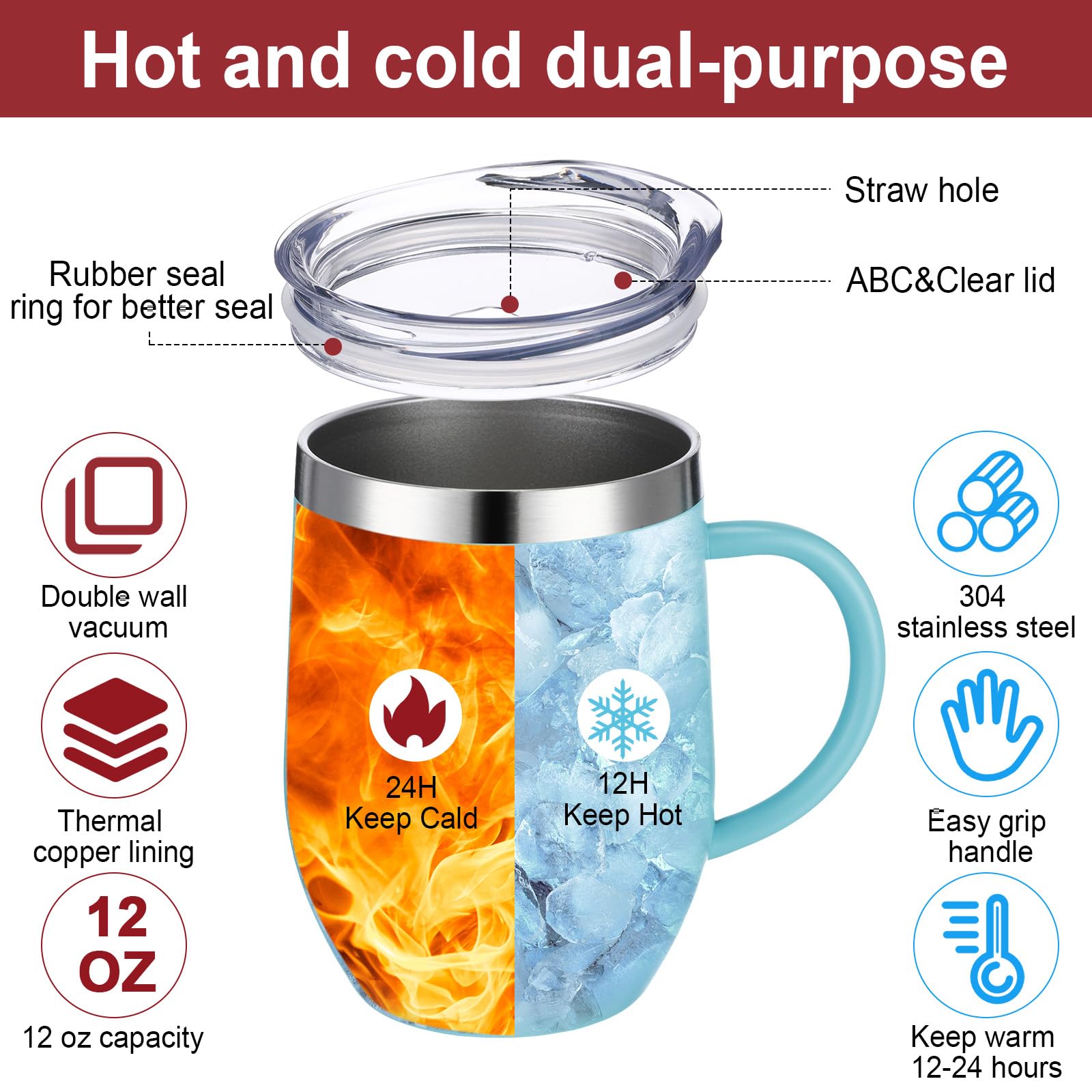 Suclain 6 tazas de café aisladas de 12 onzas con asa, de acero inoxidable, taza de café aislada a granel, taza de viaje de doble pared al vacío con tapa deslizante, taza térmica de viaje (colorido)
