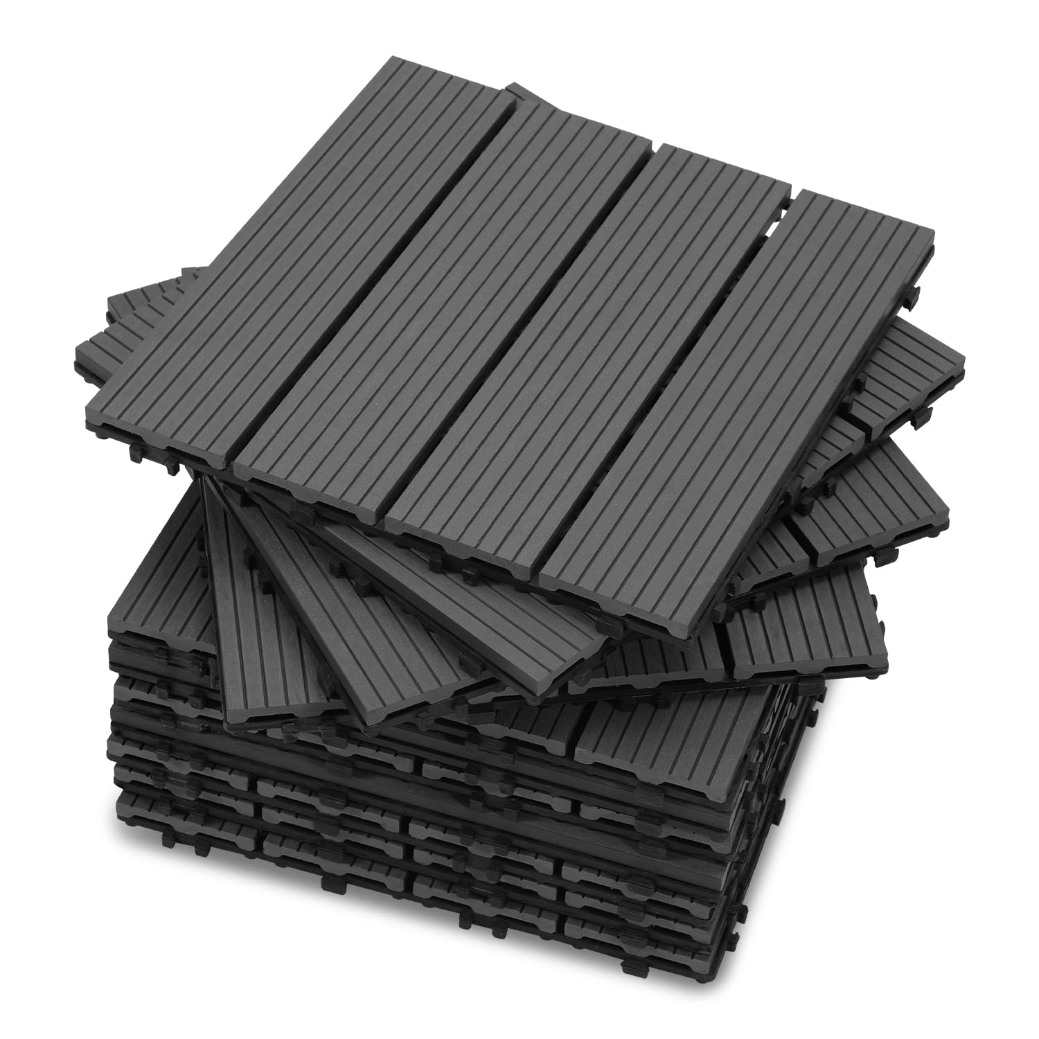 Ikodm WPC - Piastrelle per terrazze, 55 pezzi, 30 x 30 cm, piastrelle da giardino con sistema a clic, rivestimento per pavimenti con drenaggio, balcone, pavimento antracite effetto legno, 5 m²