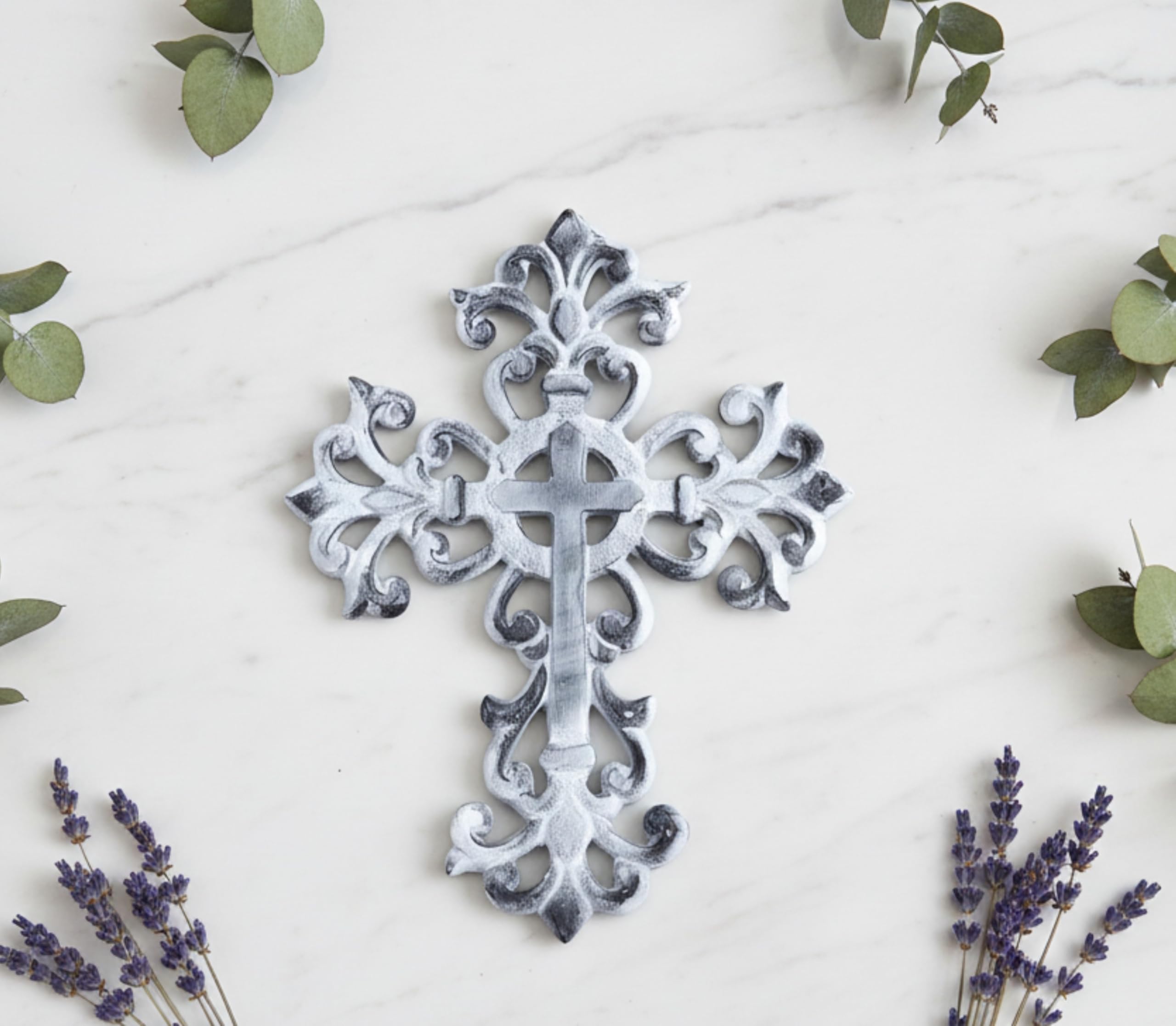 Castleore Easy Wall Hanging Home Decor Religious Christian Crosses for Wall | Best for Home, Office and As Gift | Size L 8.8 W 6.8 Inch | (White Antique)