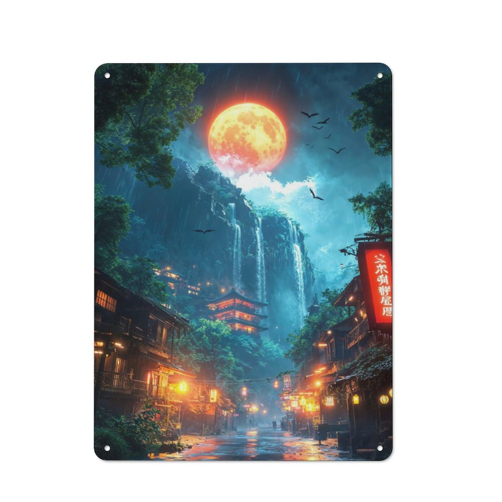 Junmoney Japanese Night Landscape Retro-Style Metal Plaque 40X30cm For Kitchen Or Home Bar, Gift For Home Bar Enthusiasts During The Christmas Season