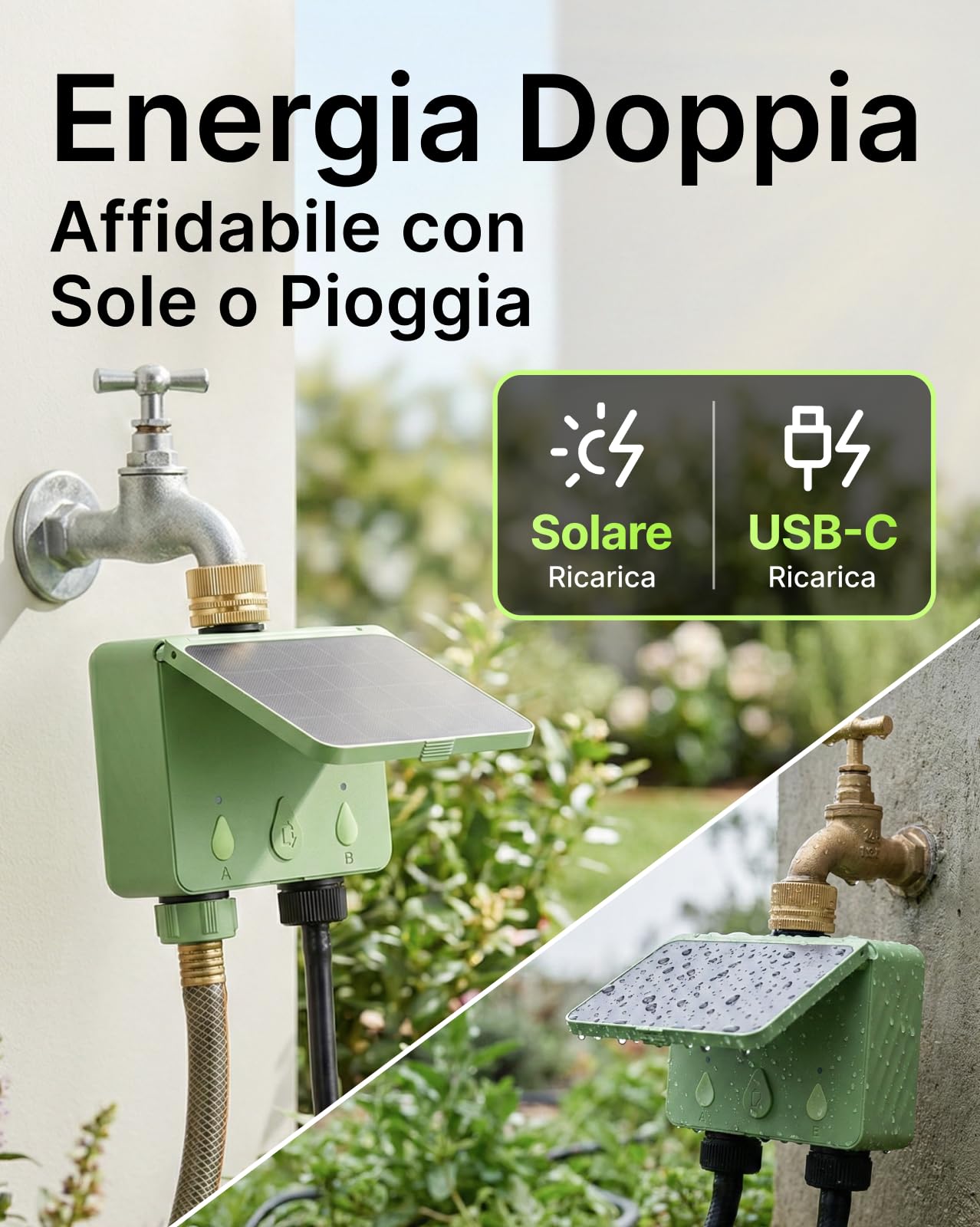Centralina Irrigazione WiFi 2 Vie Solare, Computer Irrigazione Connesso con Flussometro, Senza Hub, Ingresso dell'acqua in Ottone, Irrigazione Automatica per Giardino (App/Alexa)