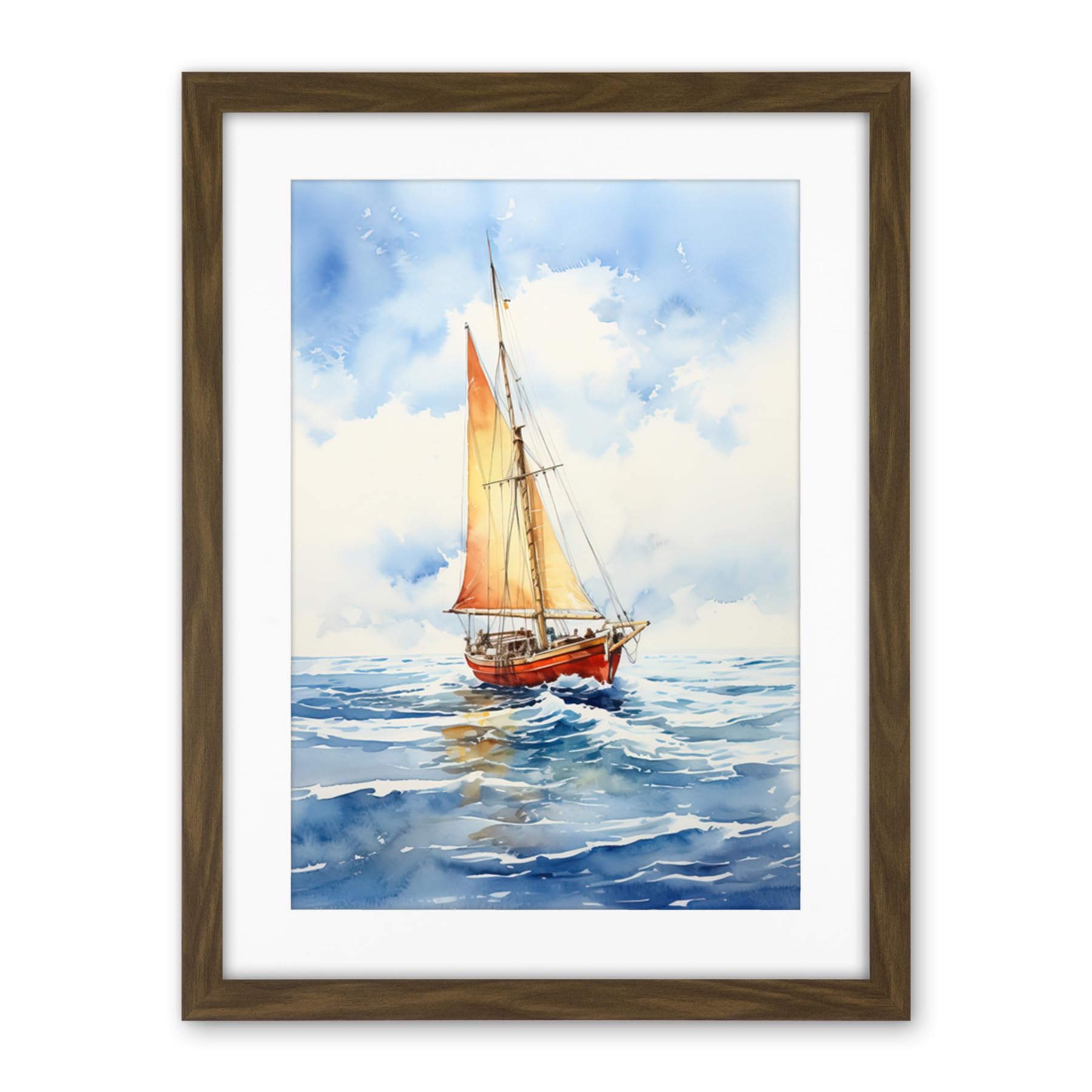 Artery8 Orange Sailing Boat Watercolour Painting Bathroom Artwork Sail at Sea Seascape Artwork Framed Wall Art Print 18X24 Inch