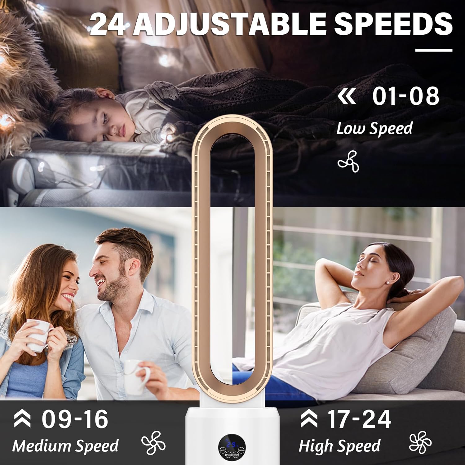 advwin Bladeless Tower Fan with Remote, Quiet Cooling Fan with Oscillation, 24 Speeds, 12H Timer, Easy to Clean, 39Inch Standing Floor Fan for Bedroom, Office, Gold