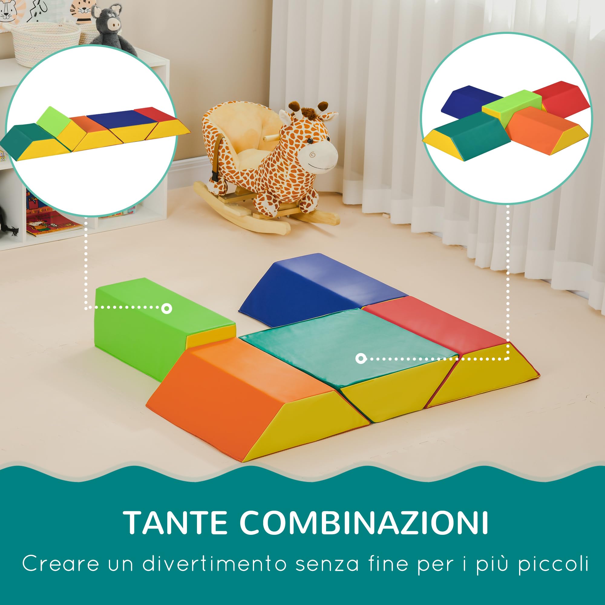 HOMCOM Weiche Bausteine Set 1-3 Jahre 48,3x19,1x48,3 cm Mehrfarbig | Mit 5 rechteckigen und trapezförmigen Blöcken, Kinderspielzeug, PU und EPE