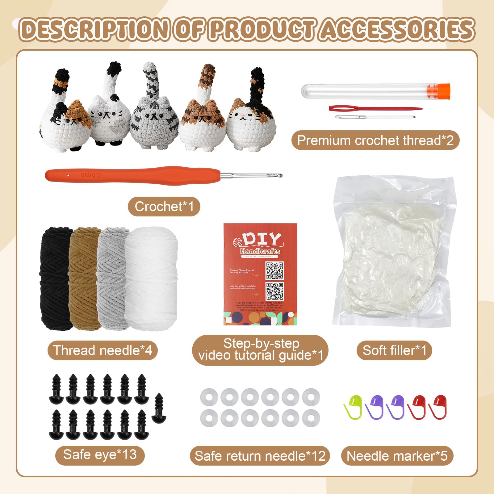Ortviai Kit Uncinetto Principianti, Kit Adulti Imparare Uncinetto, Set Uncinetto Animali con Filato e Accessori, Guida Passo Dopo Passo, 5 Gattini Fatti a Mano