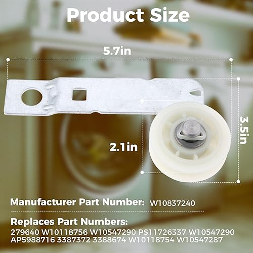 Miniatura 2 de W10837240 Polea tensora de secadora con soporte, compatible con Whirlpool, Kenmore, reemplazar 279640 W10118756 W10547290 PS11726337 3387372 3388674