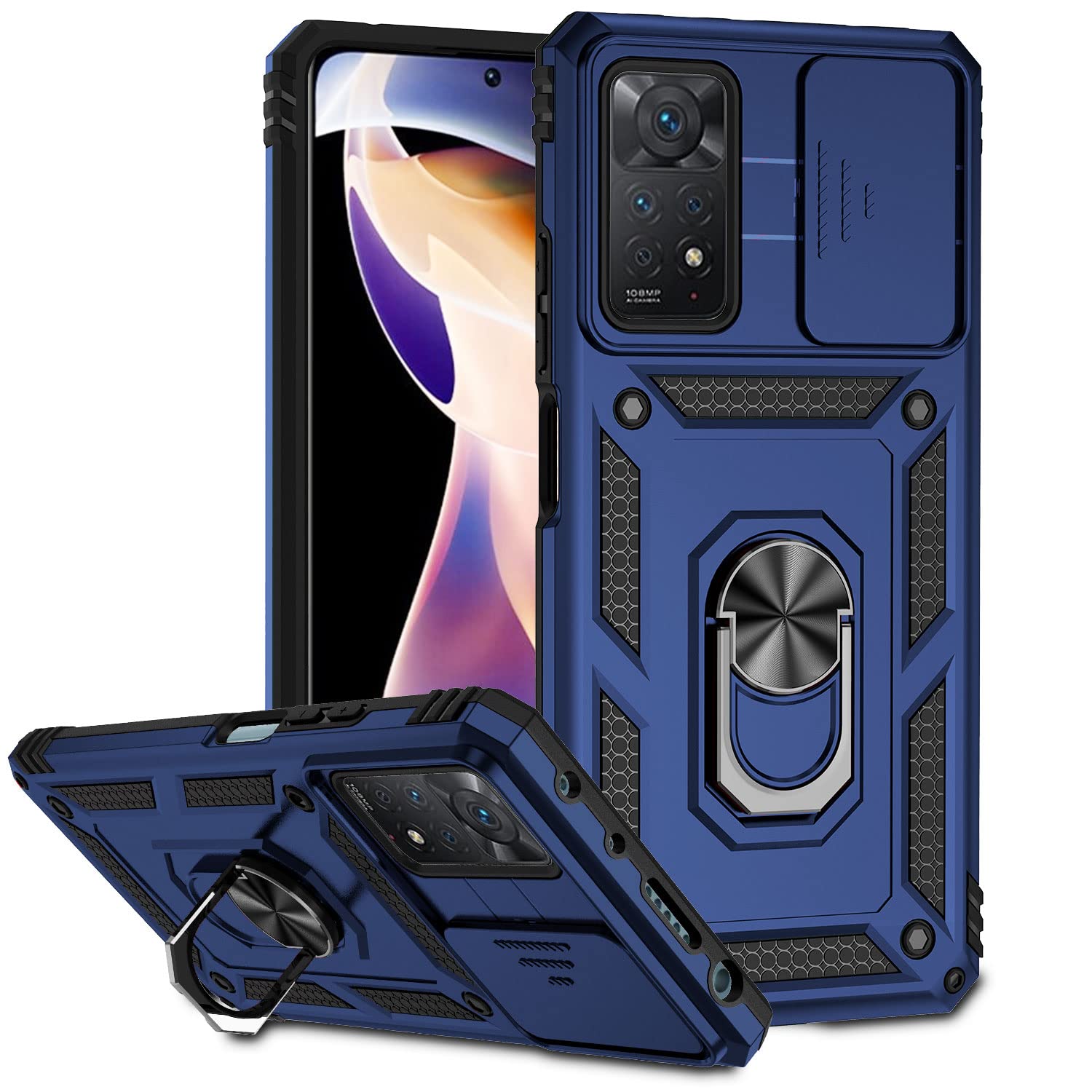 Funda para Xiaomi Redmi Note 11 Pro/Note 11 Pro 5G Carcasă Armor Militar Cubierta de Cámara Deslizante Proteger Fundas con 360 Full Protección Anillo Soporte Silicona Estuche Cover Case,Azul