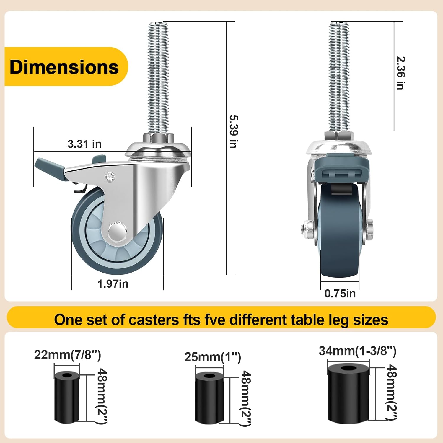 2 Inch Caster Wheels for Prep Table, Expanding Stem Casters Set of 4, Heavy Duty Castors with Locking Brake Fit 7/8", 1", 1-1/8" Stainless Steel Furniture Legs, Wire Shelving Racks, Utility Cart