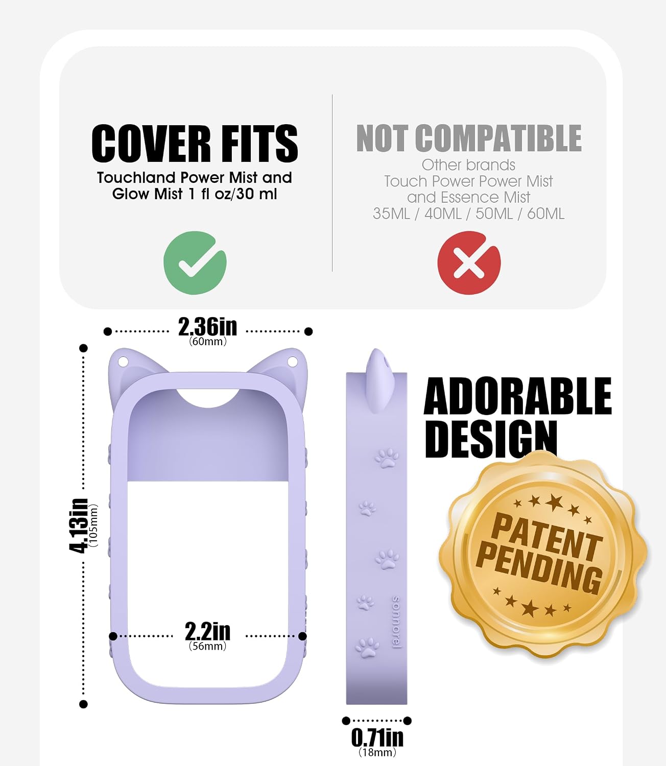 Sonnorel 1pcs Silicone Case Fit for Touchland Hand Sanitizer Spray (Fit for 30 mL Ver), with 2 Keychain Cute Cat Ear Paw (Light Purple)