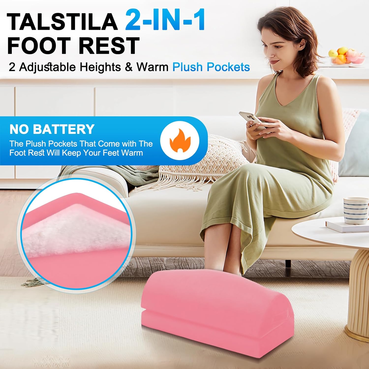 talstila foot rest for under desk at work, under desk footrest, ergonomic 2 adjustable heights footrest, footrest with feet warm pocket, for office desk & office chair… pink double layer