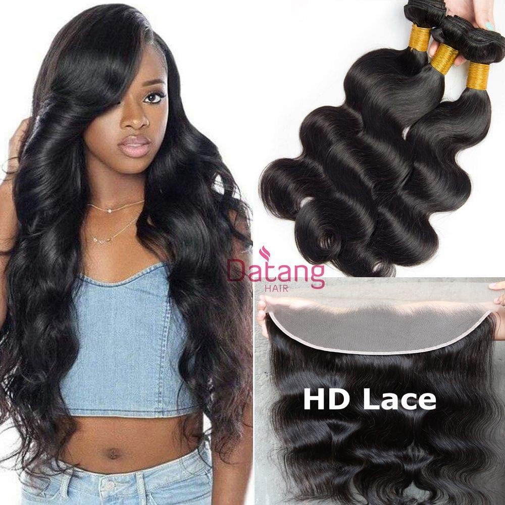 DATANG Hair Body Wave 3 Bundles with Frontal 100% Brazilian Human Hair Extension HD Transparent Lace Frontal Closure with Bundles For Black Women