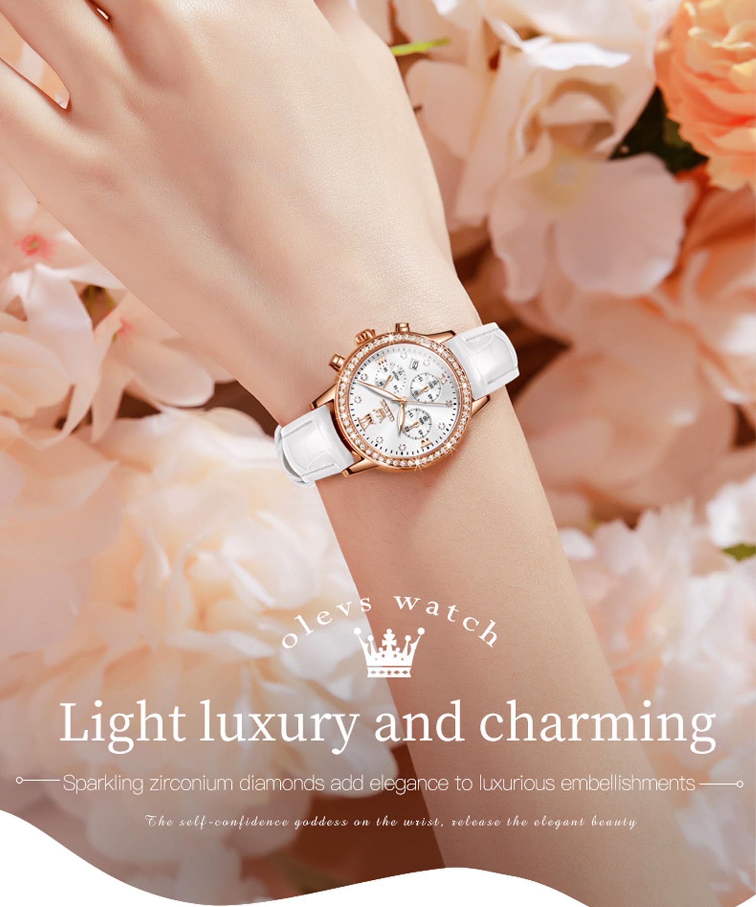 OLEVS Damen-Armbanduhr, multifunktionaler Chronograph mit 4 Hilfszifferblättern, Lederarmband, römische Ziffern, Datum, Leuchtend, wasserdicht, Elegante Armbanduhr