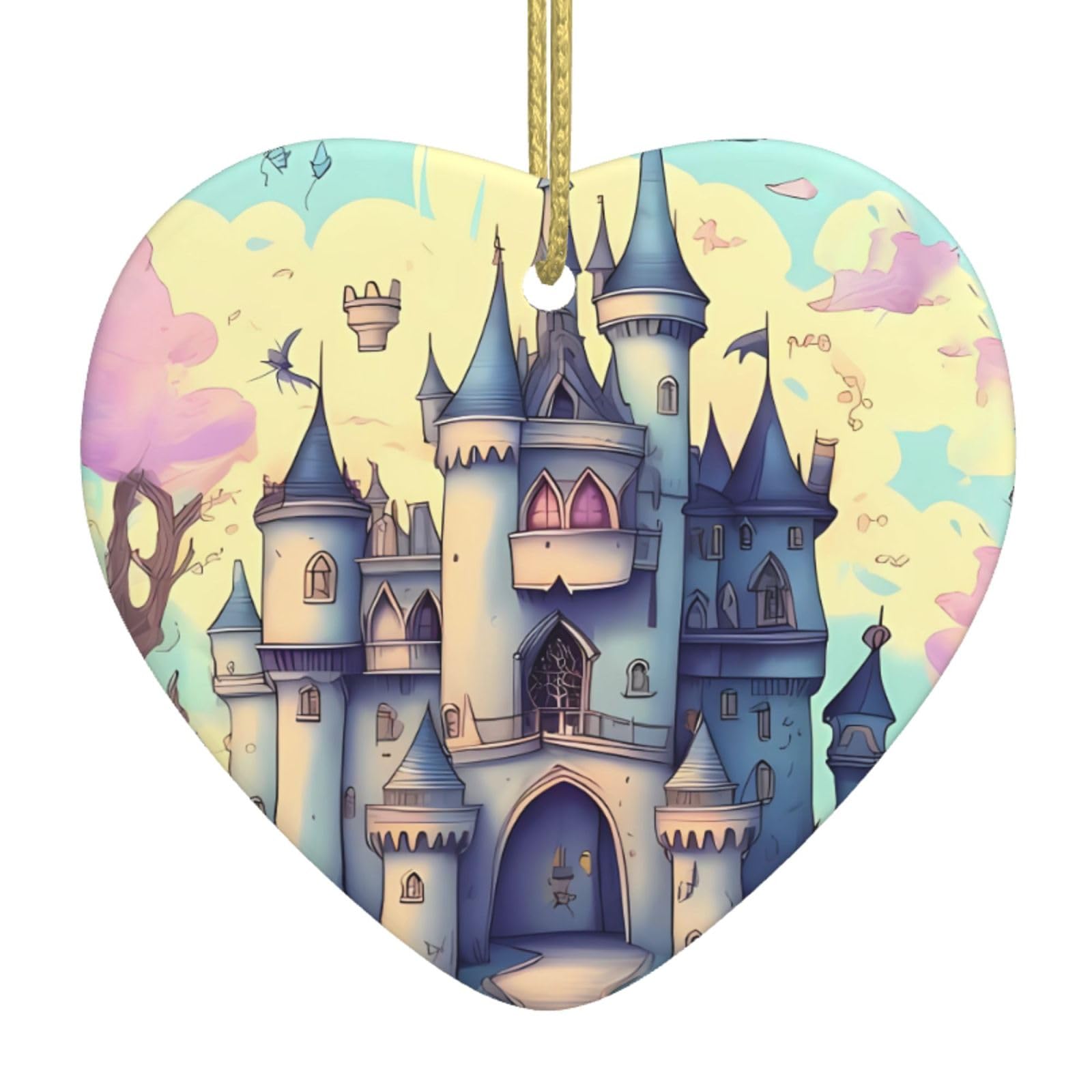 Ceramic Christmas Tree Hanging Ornaments with Gold Ropes Christmas Tree Decorations Heart Ceramic Fairytale Castle Pendant Keepsake Decorations for Holiday Xmas Gift Ideas