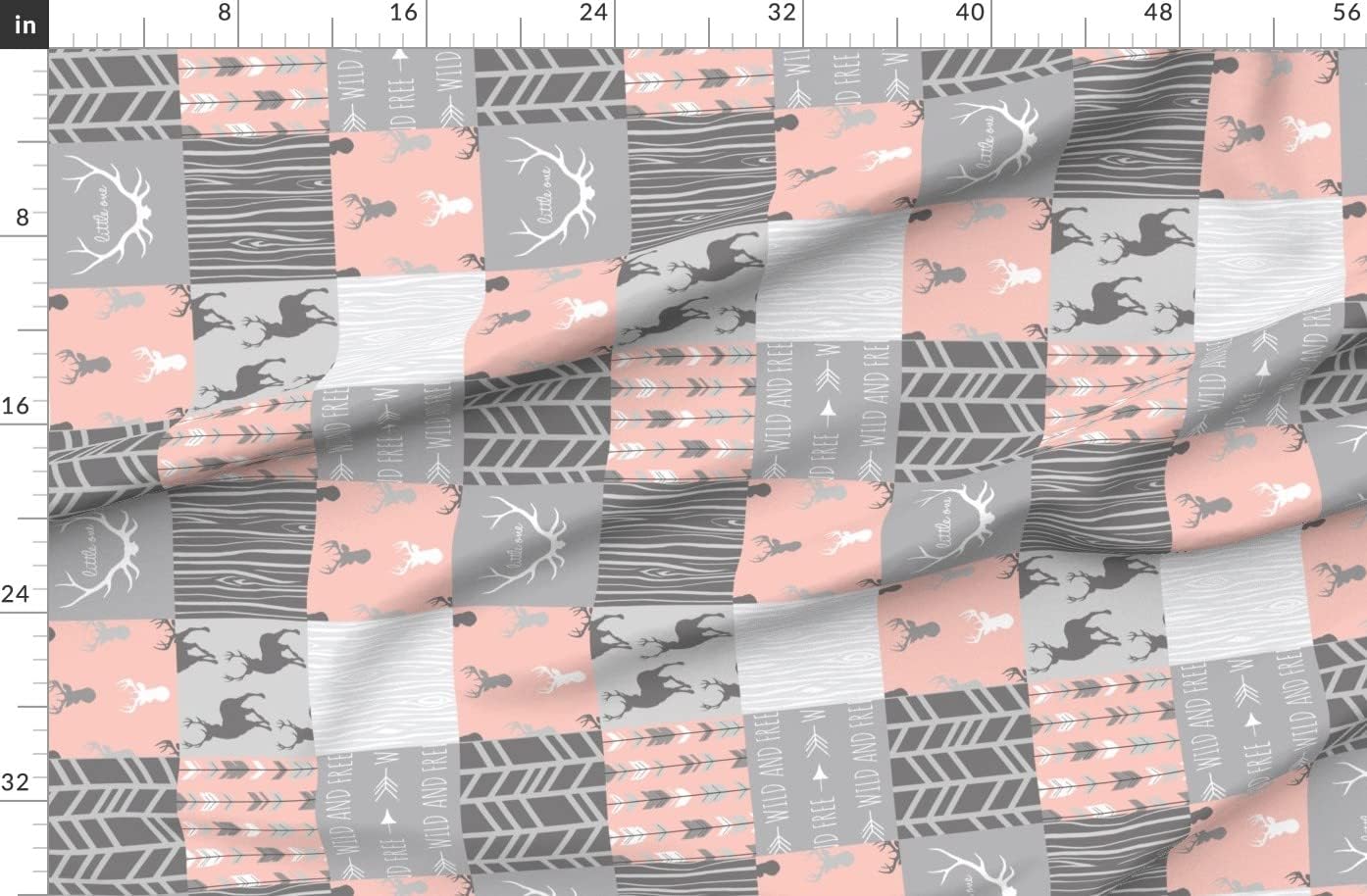 Spoonflower Fabric - Wholecloth Quilt Rotated Coral Grey Patchwork Deer Arrows Woodgrain Printed on Organic Cotton Sateen Fabric by The Yard - Sewing Quilting Apparel Home Decor
