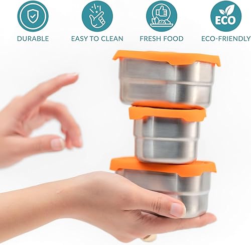 Miniatura 2 de Kichenly Recipientes de acero inoxidable con tapas de silicona, juego de tres recipientes de 8 onzas, contenedor de comida para bebés, contenedor de