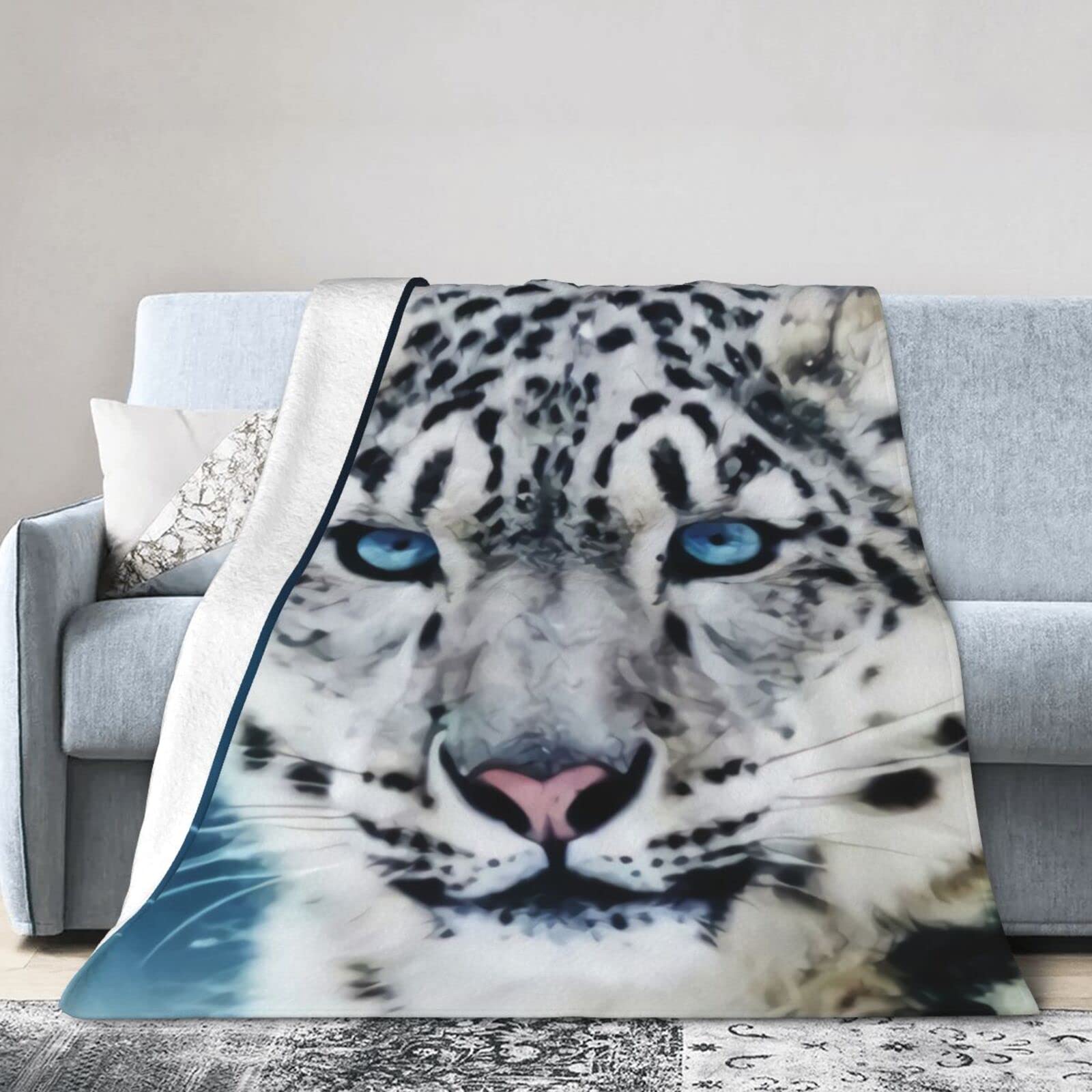 Blue Eyed Snow Leopard Soft Micro Flannel Blanket Throw, Warm Cozy Lightweight Decorative Blanket for Sofa Couch Bed, Printed Blanket Gifts for Kids Girls Boys Women Men