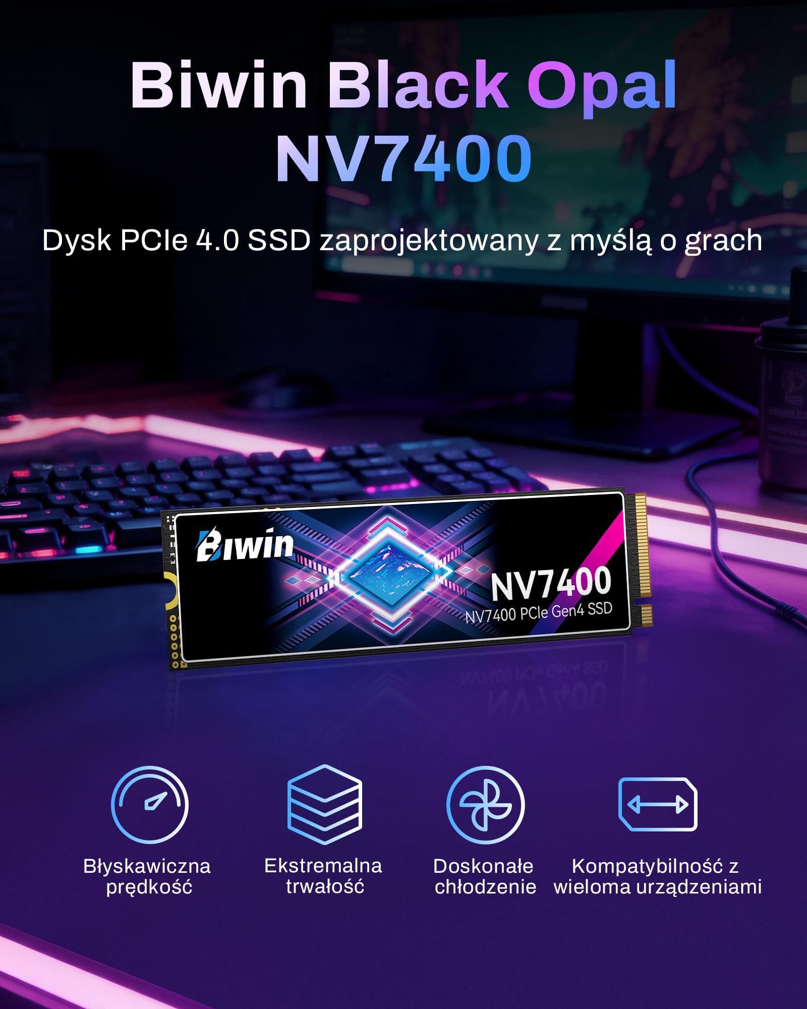 BIWIN Black Opal NV7400 1TB SSD, prędkość odczytu do 7400 MB/s Gen4x4 NVMe M.2 2280, wewnętrzny dysk SSD PCIe 4.0 TLC do gier, gotowy na PS5, laptop i komputer stacjonarny