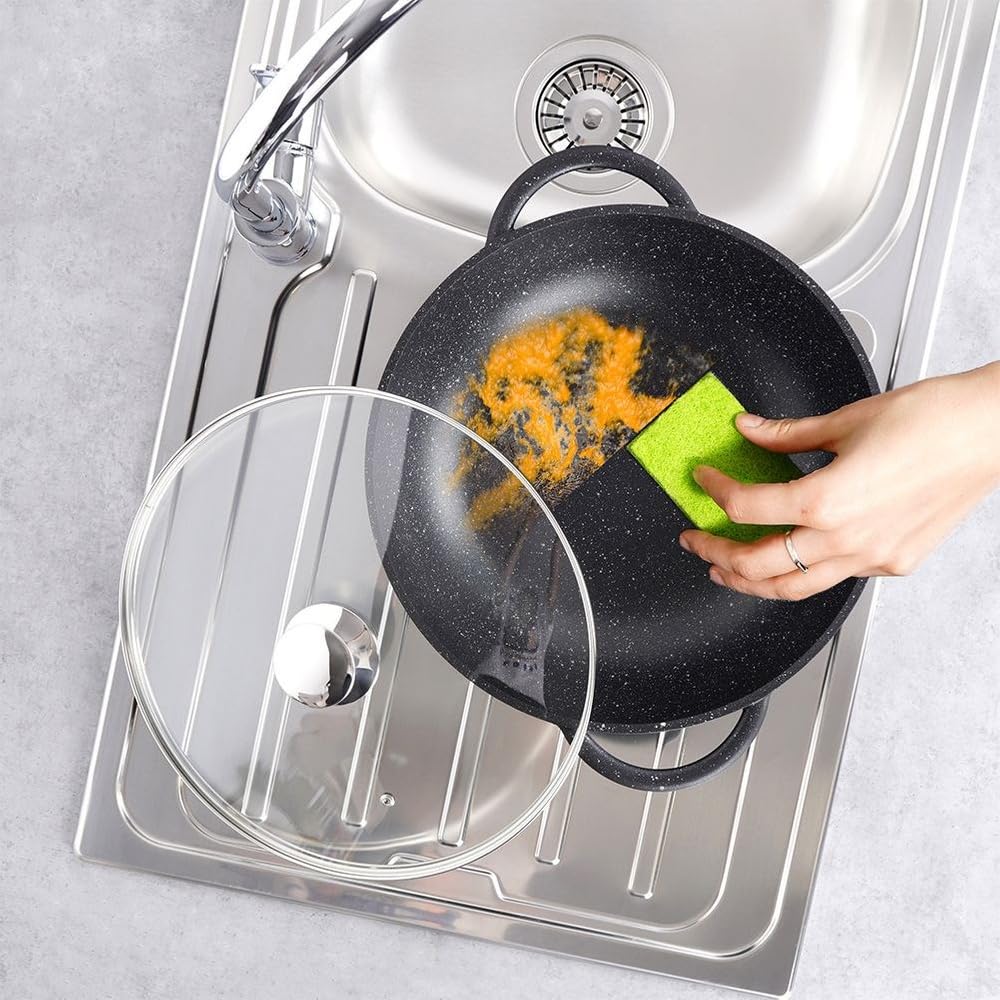 orion group Grande patelnia wok 32 cm ze szklaną pokrywką, powłoka granitowa, nieprzywierająca, indukcyjna, nadaje się do mycia w zmywarce, nie zawiera PFOA, do wszystkich rodzajów kuchenek, czarna