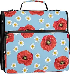 3 fichários de 3 anéis, margaridas vermelhas, margaridas, amarelo e azul, organizador com zíper, bolsa de fichário para ensino médio com alça, portfólio e estojo colorido, 34,5 x 31,5 x 8,9 cm