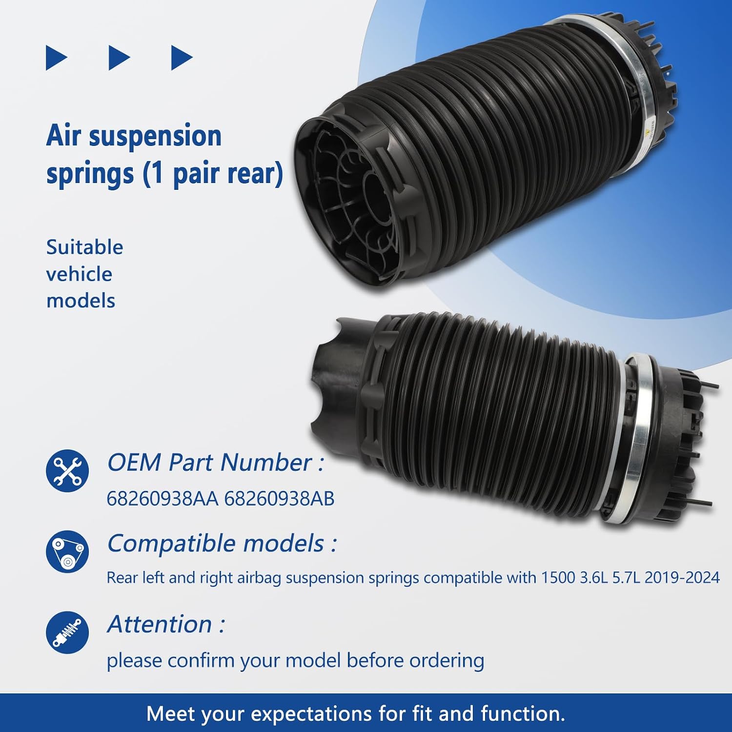 2PCS Rear Left and Right Air Suspension Spring Bags Compatible with Ram 1500 3.6L 5.7L 6.2L 2019-2024, Replace# 68260938AA 68260938AB