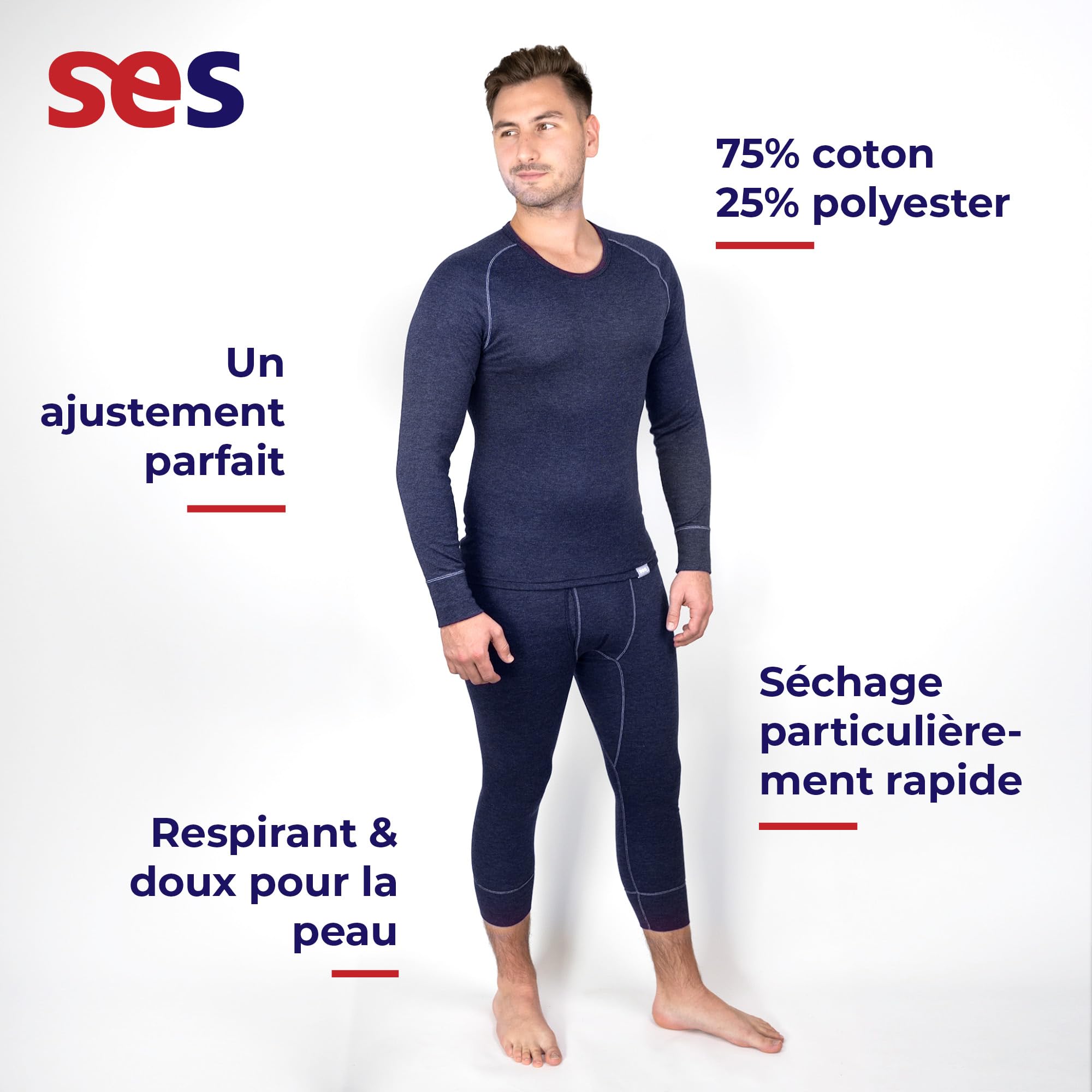 SES Haut Thermique Homme Manches Longues S - 4XL en 75% Coton & 25% Polyester/sous Vetement Thermique Homme/sous Pull Thermique Homme pour Chaleur et Confort/Tshirt Thermique Respirants