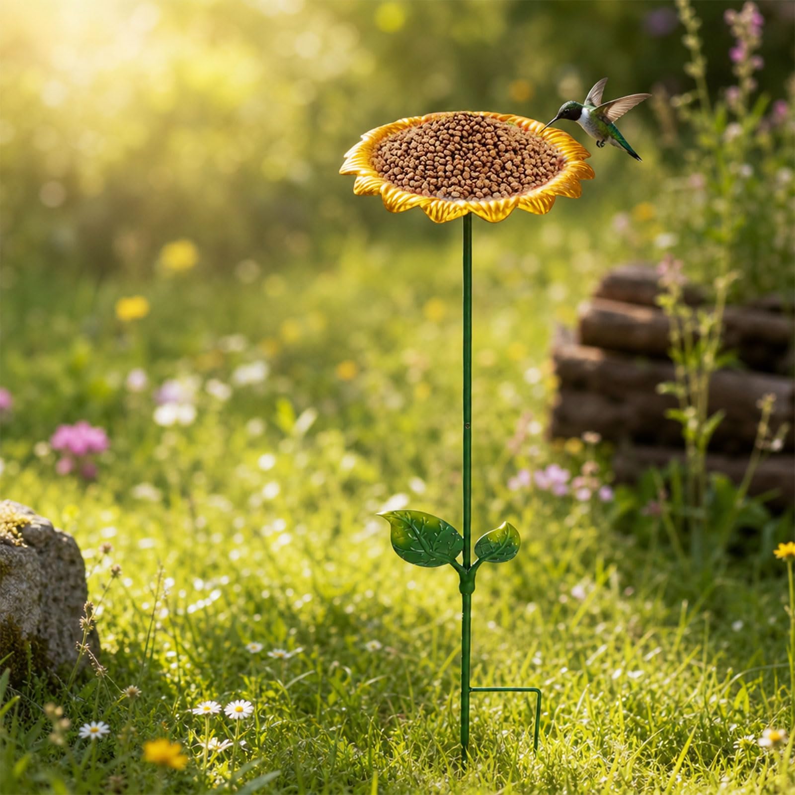 Metalowe poidło dla ptaków, stojące – dozownik karmy dla ptaków, poidło wodne dla ptaków, kwiaty – miska 20 cm, 64 cm, słonecznik z ostrzem do wbijania w ziemię na balkon, taras, trawnik