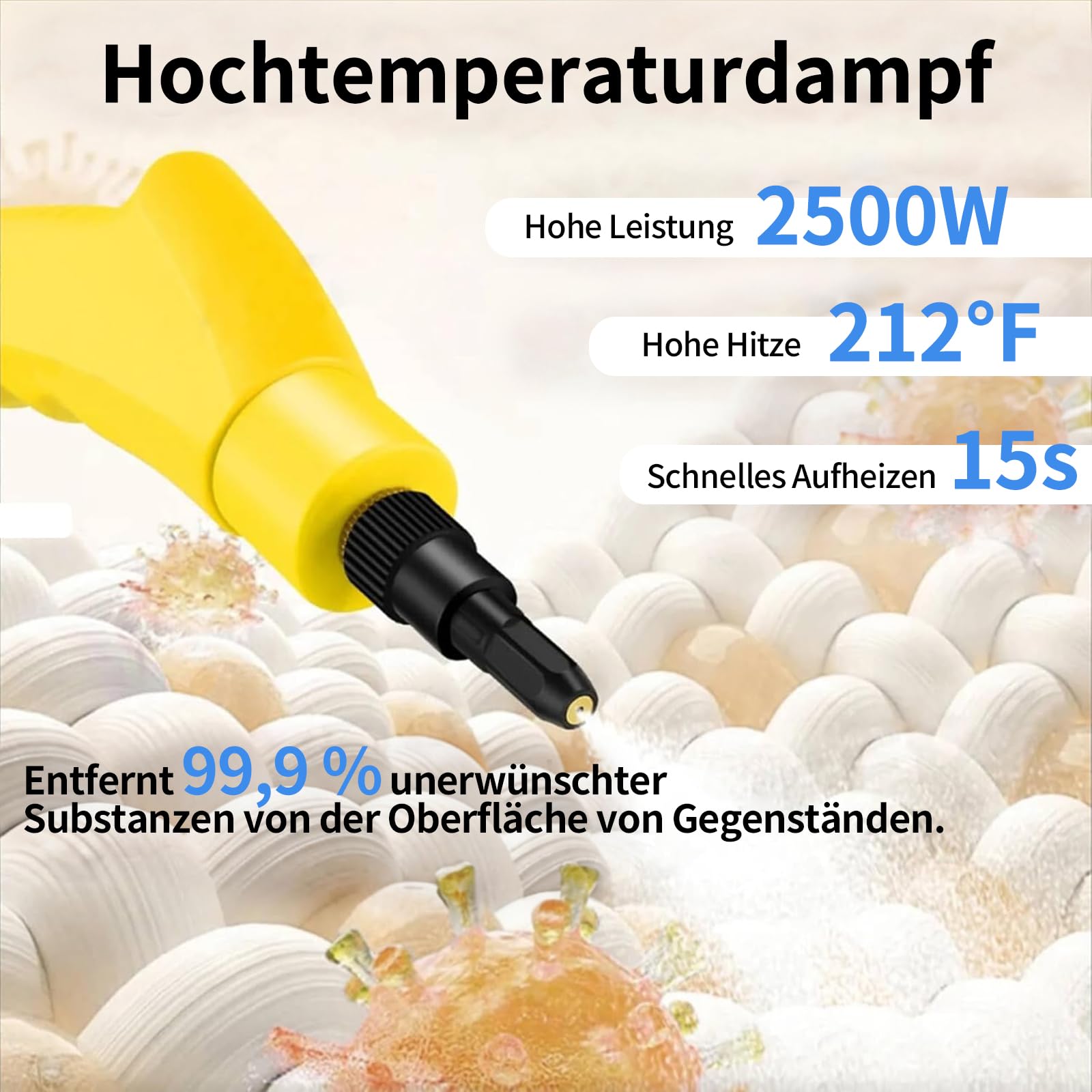Dampfreiniger, Dampfreiniger Handgerät, 1.2L Wassertank, 15 Sekunden Aufheizzeit, 2500W Hochdruck Steam Cleaner, Dampfreiniger für Alles, Tragbarer Steamer für Auto, Küche, Badezimmer, Fliesen