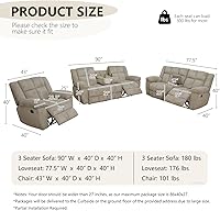 Vista 2 de Juego de sofá reclinable de pana, sofá reclinable manual con portavasos/mesa auxiliar, cómodos sofás reclinables de tela, juegos de muebles de sala