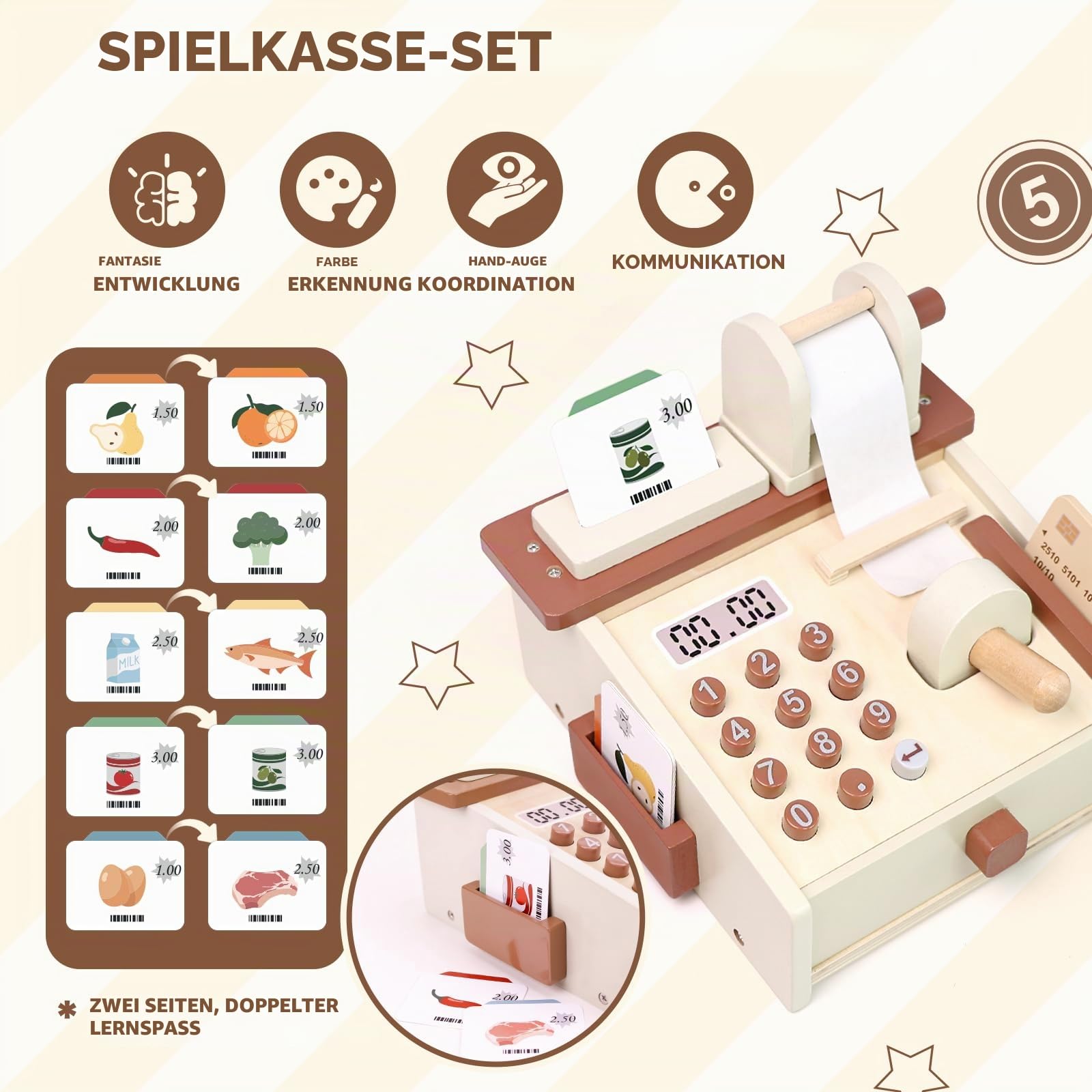 Spielkasse Kinder Holz Registrierkasse mit Spielgeld, Montessori Holz Spielzeug Kasse Kaufladen Zubehör, Rollenspiel Holzspielzeug Festliche Geschenke für 3, 4, 5 Jahre Alt