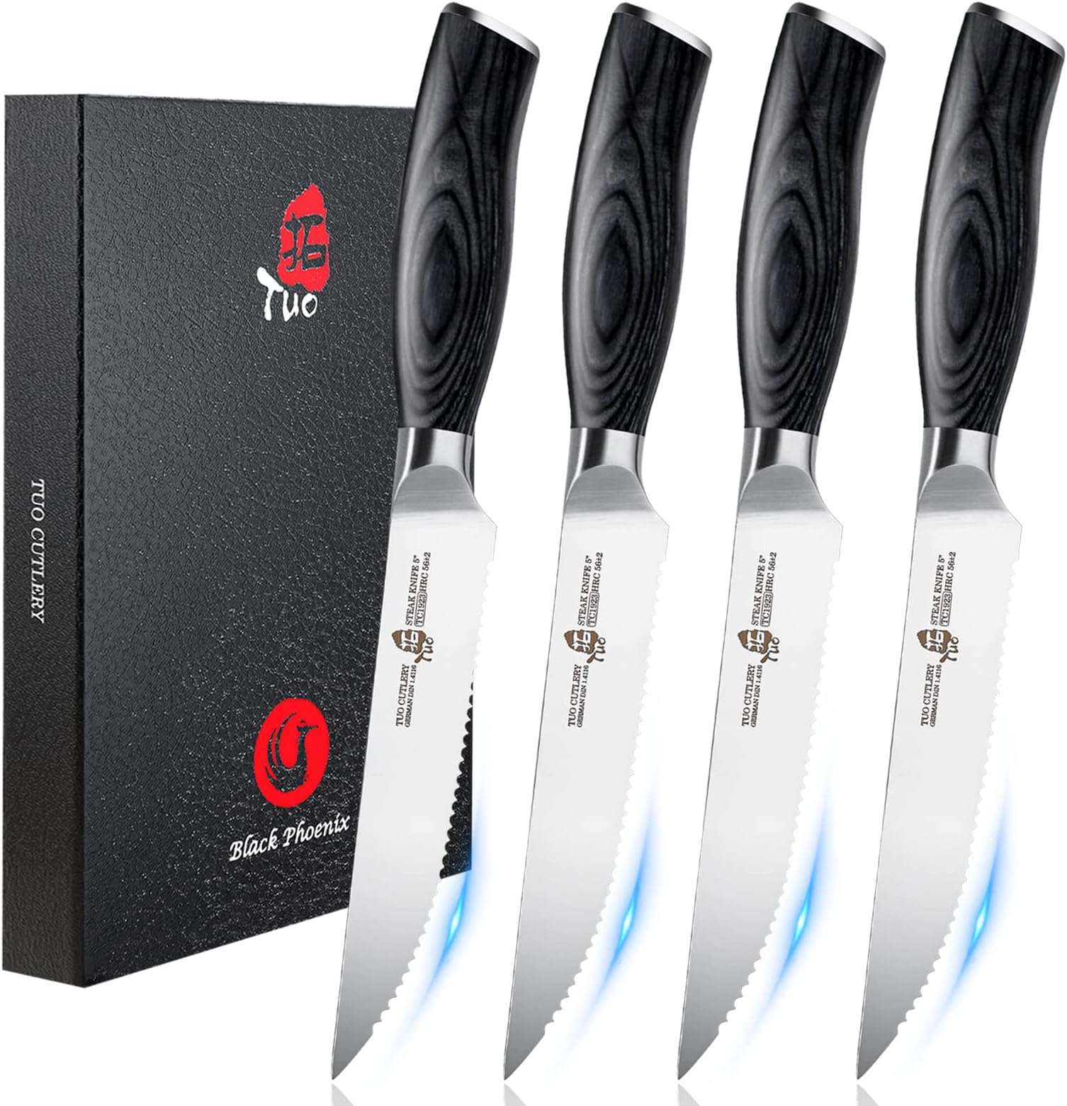 TUO Steak Knife Set 4pcs, Serrated Steak Knife 5 inch Beef, Dinner Table Knife Razor Sharp, German HC Stainless Steel Ergonomic Pakkawood Handle Gift Box, Fiery Phoenix Series - Black
