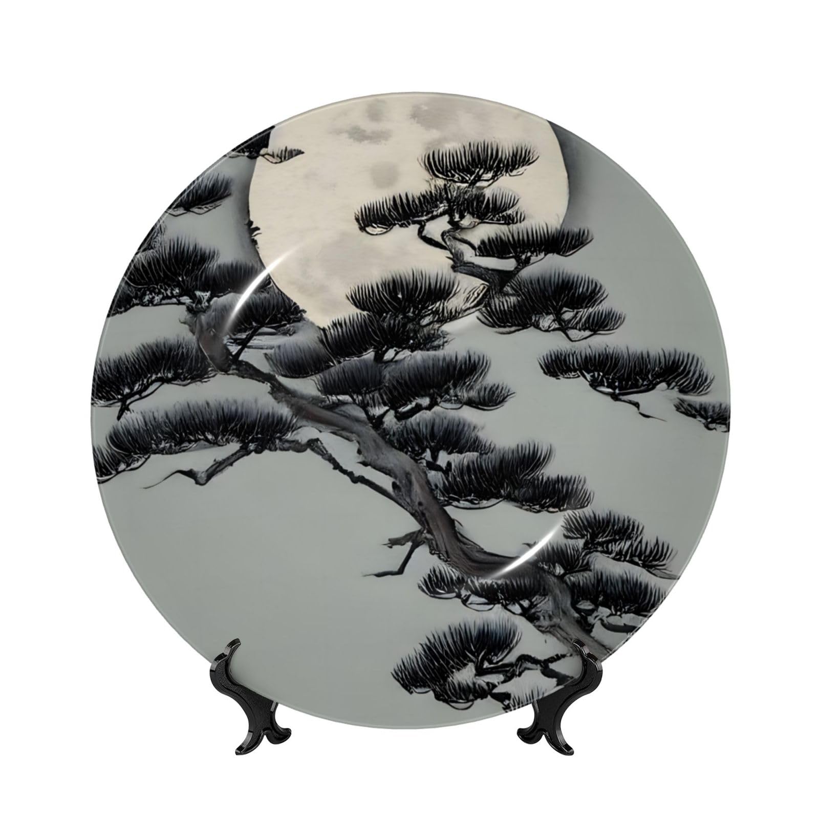 SXZVVBN Pine tree under the moon Bone China Decorative Plate Art with Stand Removable Adhesive Hanging for Home Office 8in（20cm）