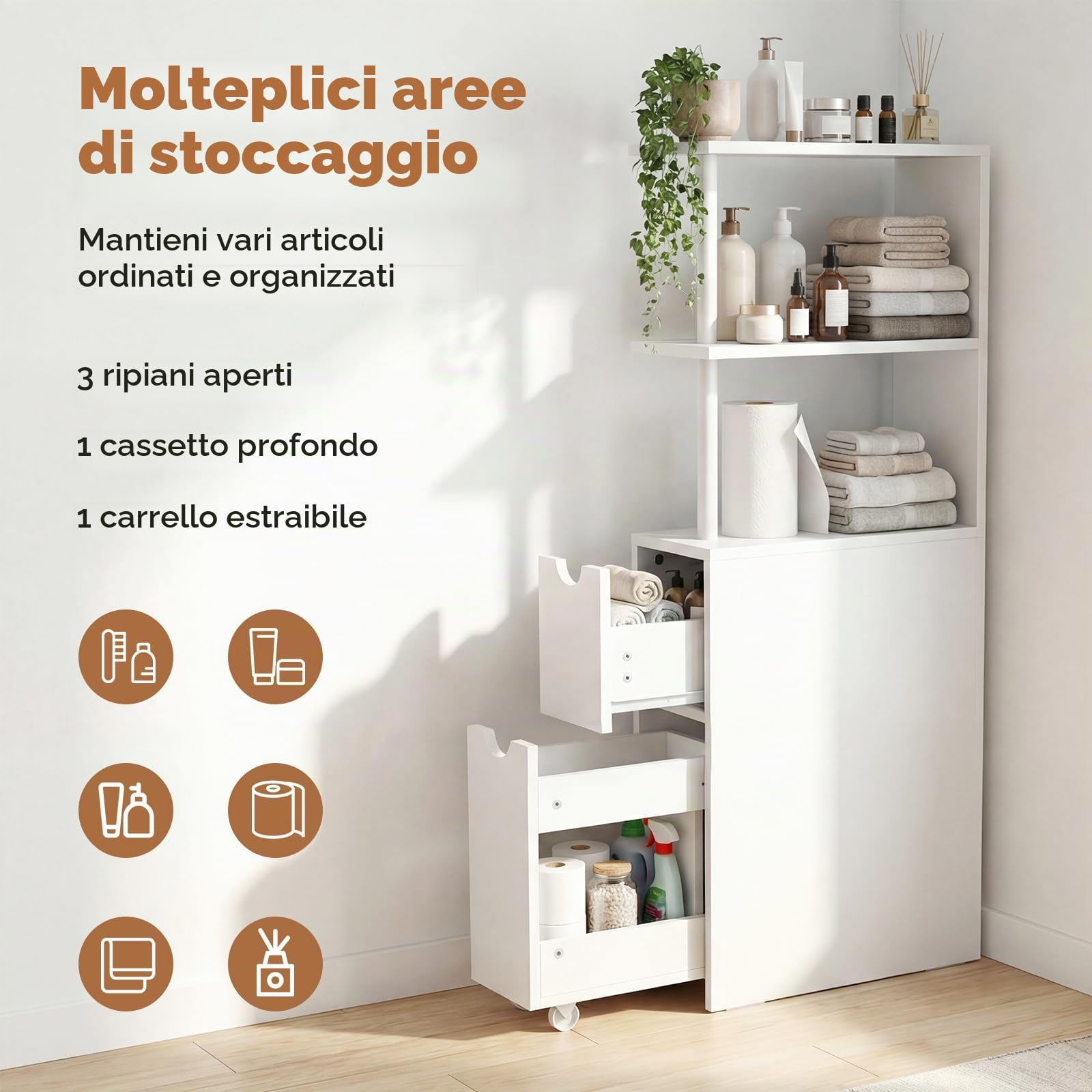 LIFEZEAL Mobile Bagno Salvaspazio Alto e Stretto, Colonna Bagno da Terra con Ripiani Aperti e Cassetti su Ruote, Organizer Armadio per Soggiorno e Cucina, Bianco, 45 × 20 × 114 cm