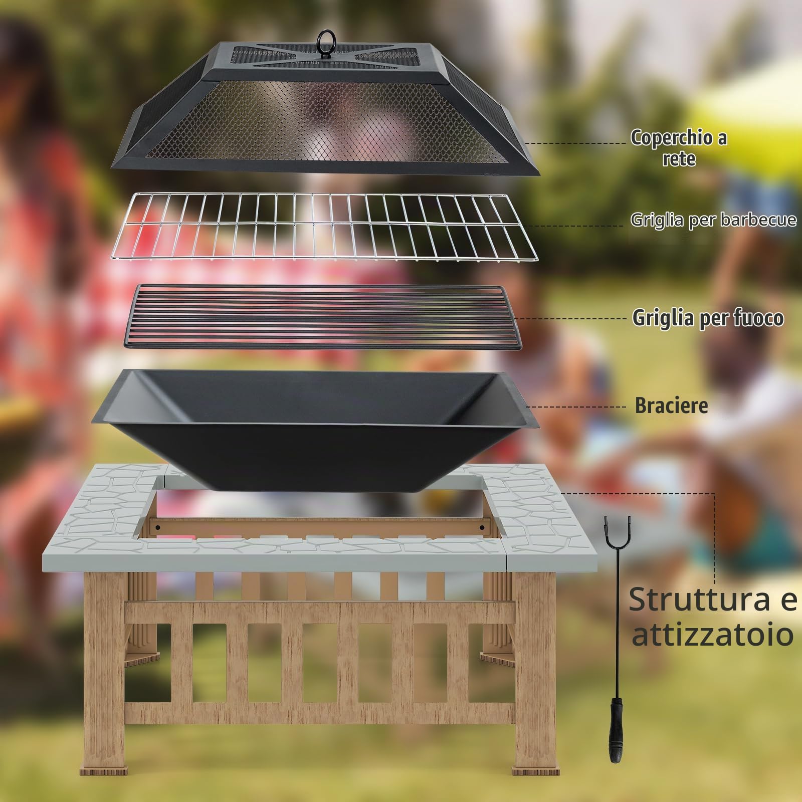 KOMFOTTEU Braciere da Esterno con Griglia e Coperchio, Cesto per Fuoco, Braciere in Metallo con Fuoco, Tisoniere, Parascintille, per Giardino, Campeggio, Picnica, 81 x 81 x 50 cm, Nero (Grigio)