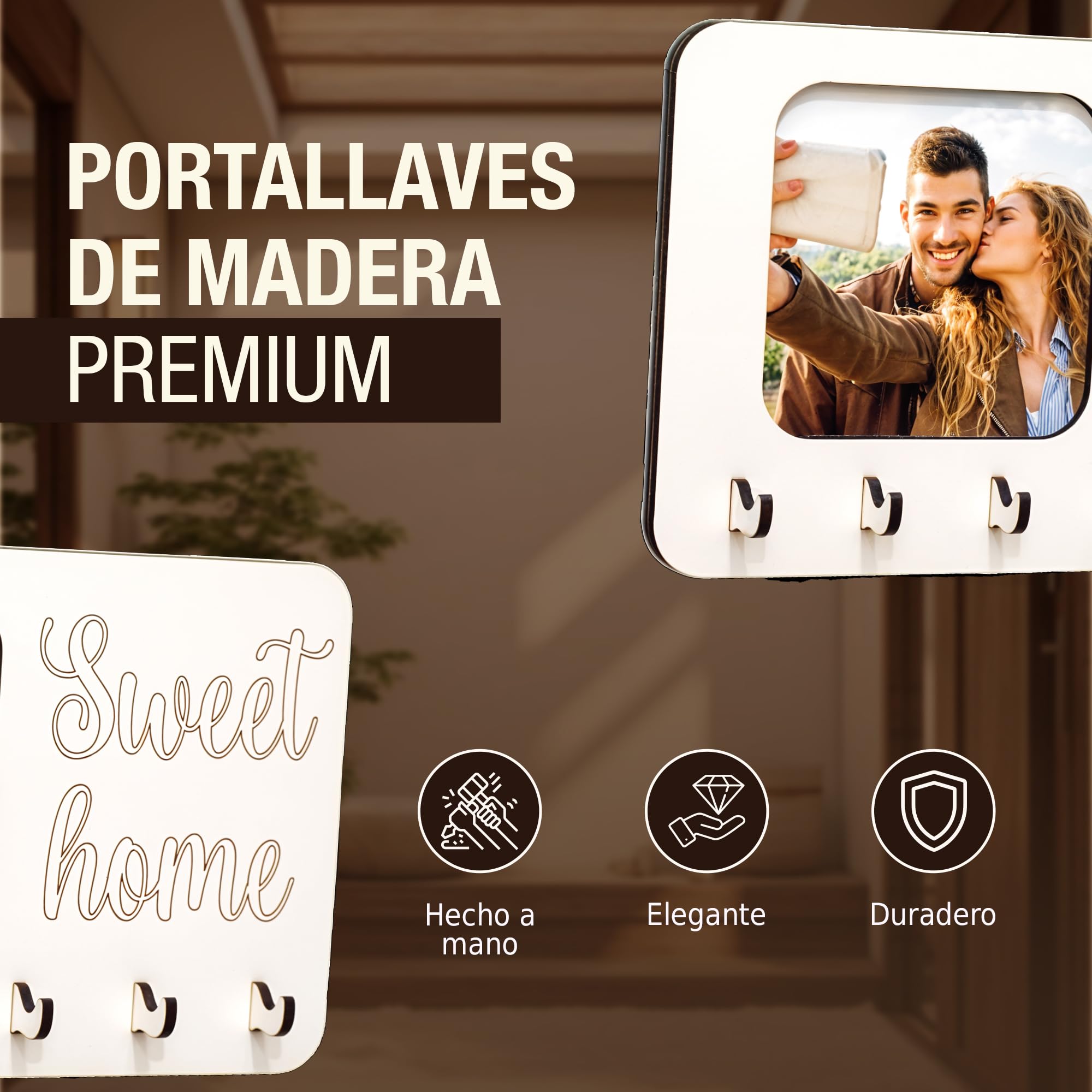Colgador de Llaves Madera con Marco de Fotos 6 Ganchos, Llavero de Pared para Colgar Llaves sin tacos Colocar Llaves Colgador de Llaves Personalizado (MARCO)