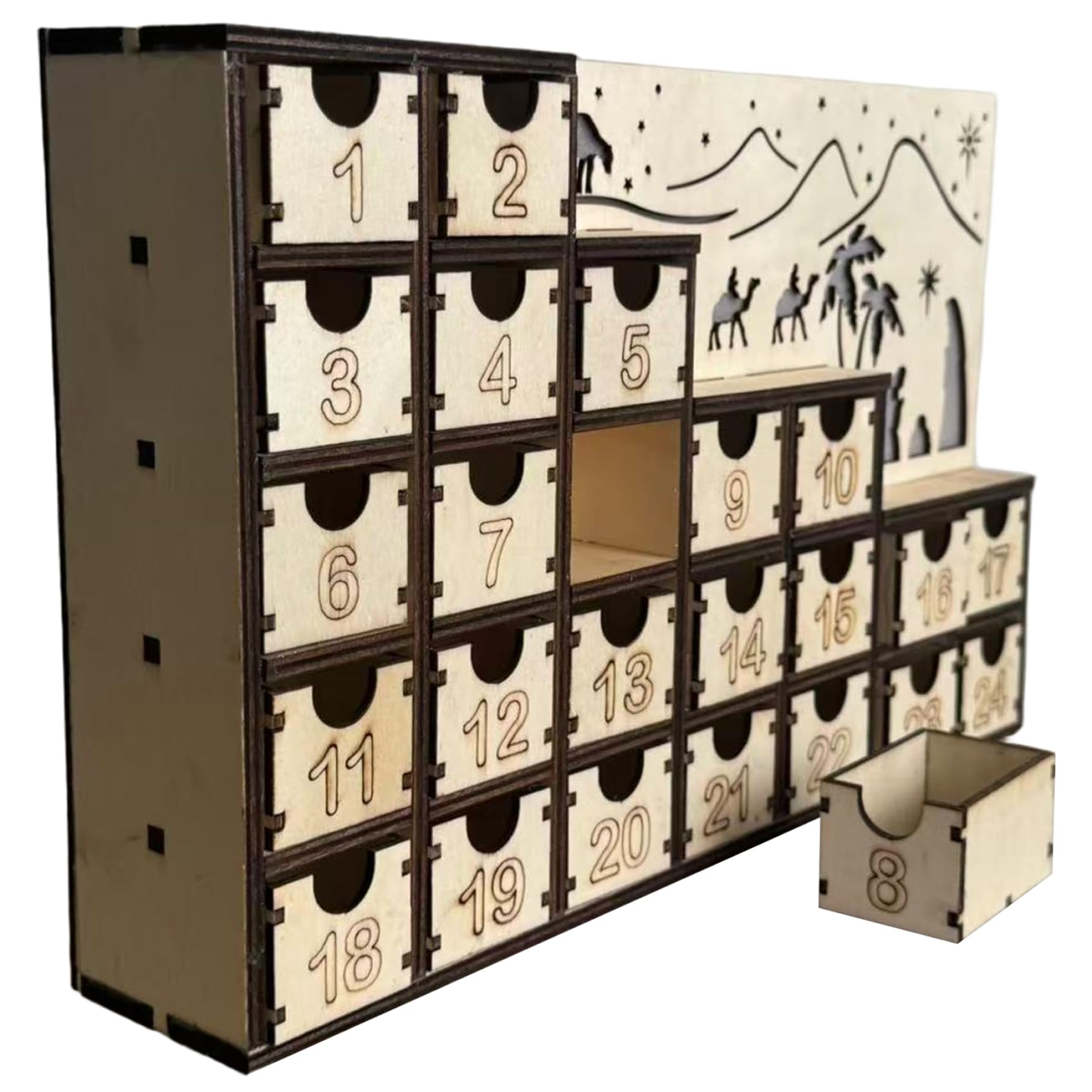 Calendario dell'Avvento in legno 1PC con cassetti LED Conto alla rovescia per 24 giorni Calendari dell'Avvento vuoti fai-da-te da riempire riutilizzabili per decorazioni per feste natalizie