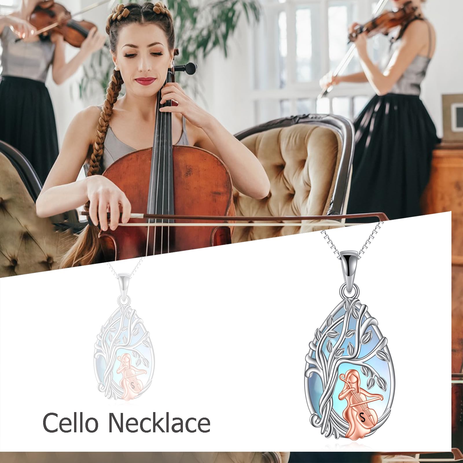 YAFEINI Collar de violonchelo para mujer, plata de ley, collar de piedra lunar, joyería de violonchelo, regalos para niñas, Piedra lunar de imitación