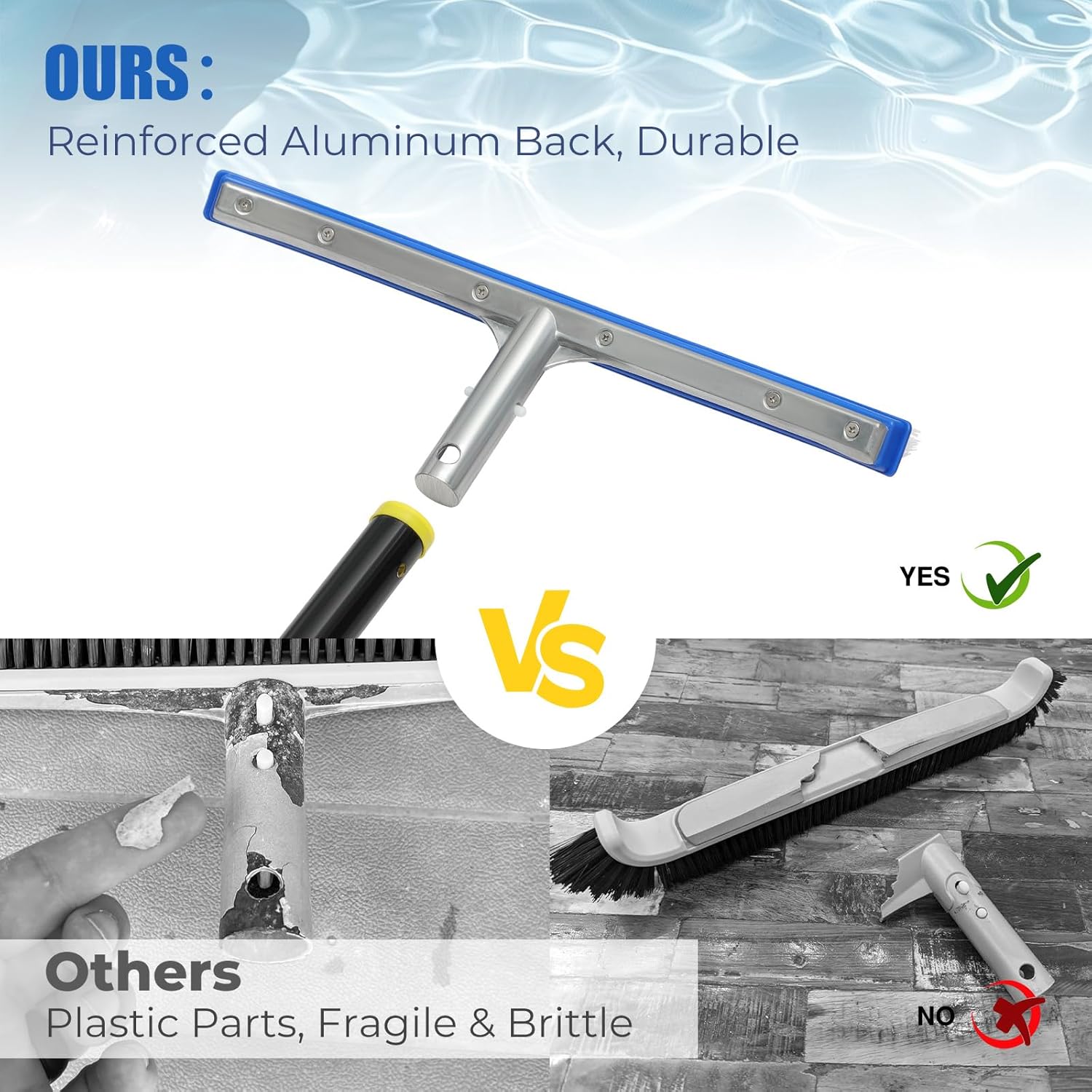 Heavy Duty 8FT Pool Brush Combo - 2-in-1 Pool Scrubber with Aluminum Frame & Nylon Brush Head, Adjustable Rustproof Metal Pole for Deep/Shallow Pools (Residential or Commercial) - Image 2