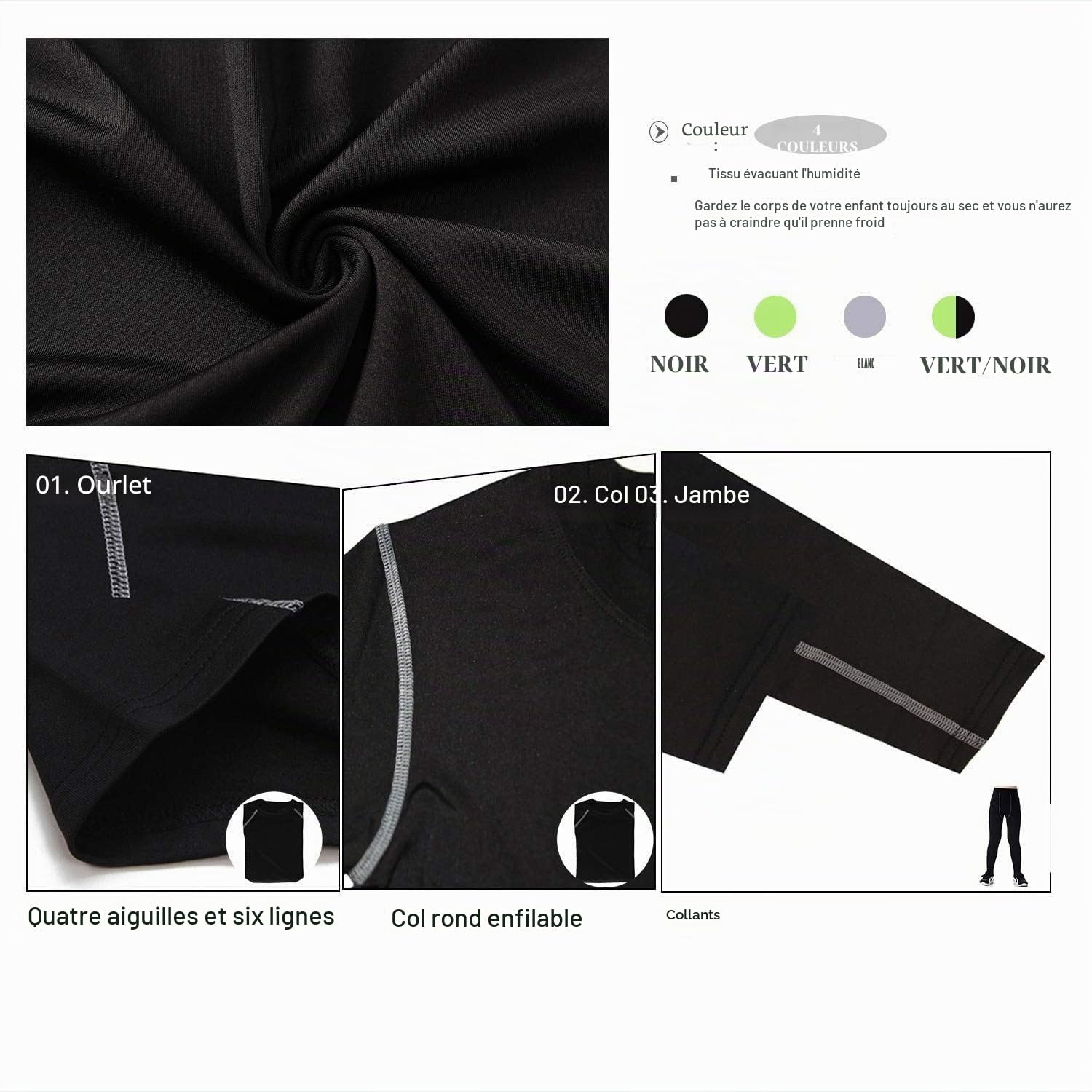 1 Ensemble Ensembles Thermiques Enfant Haut Manches Longues & Legging sous-vêtements Techniques Garçon et Fille Séchage Rapide